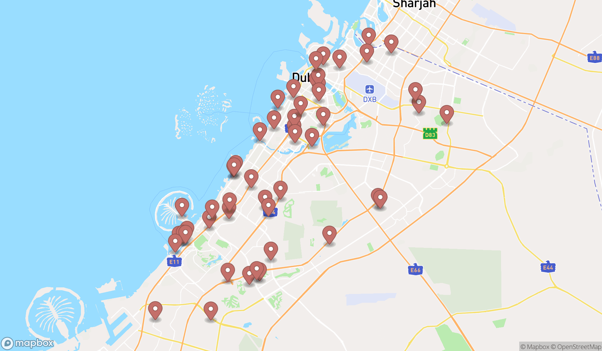 Map showing the search results in Dubai