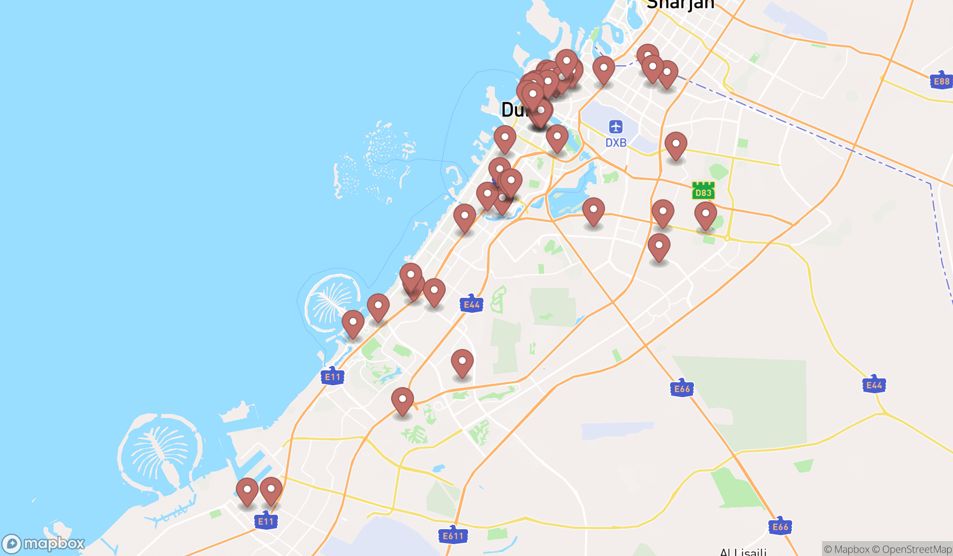 Map showing the search results in Dubai