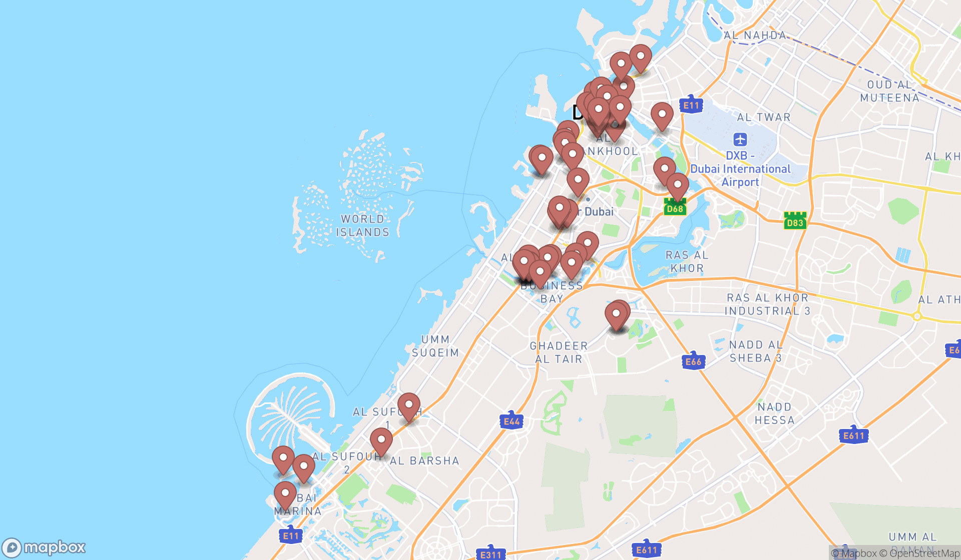 Map showing the search results in Dubai