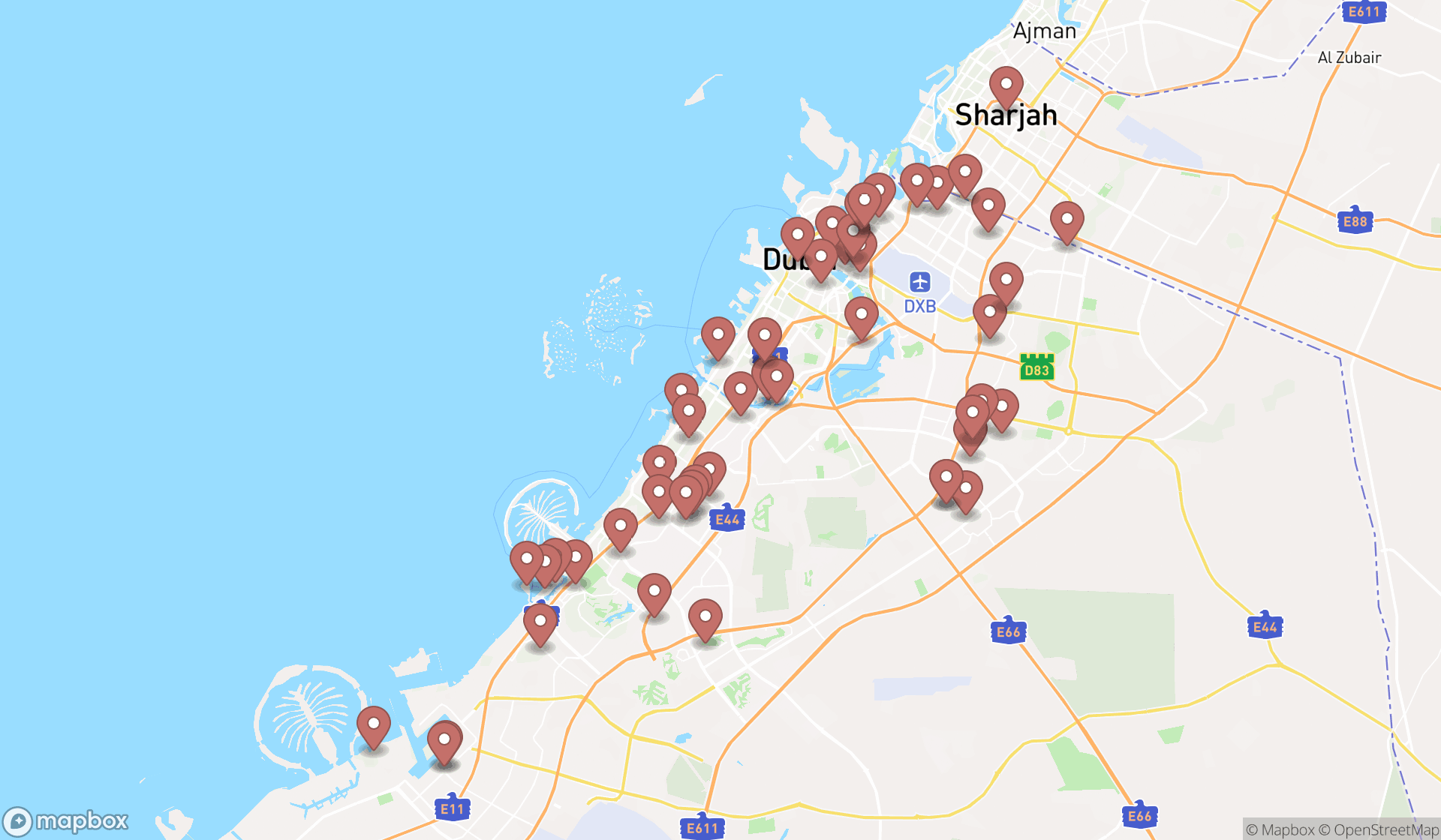 Map showing the search results in Dubai