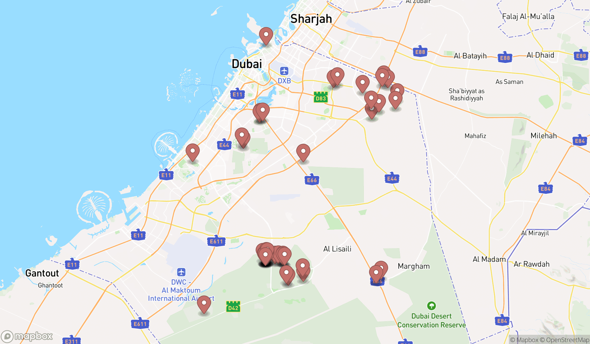 Map showing the search results in Dubai