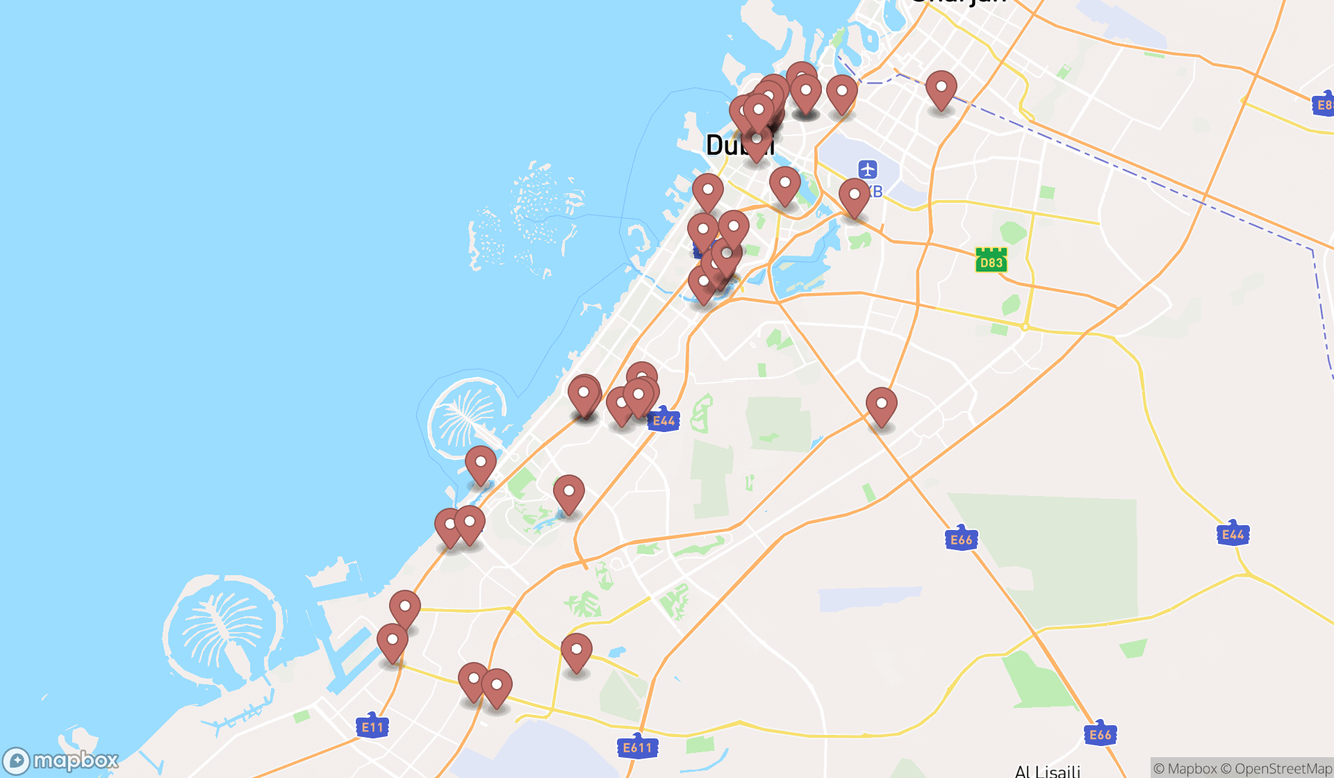 Map showing the search results in Dubai