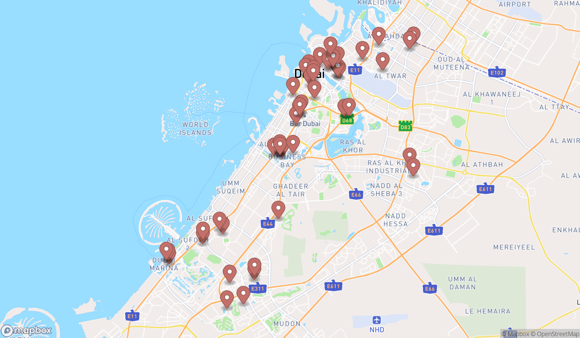 Map showing the search results in Dubai