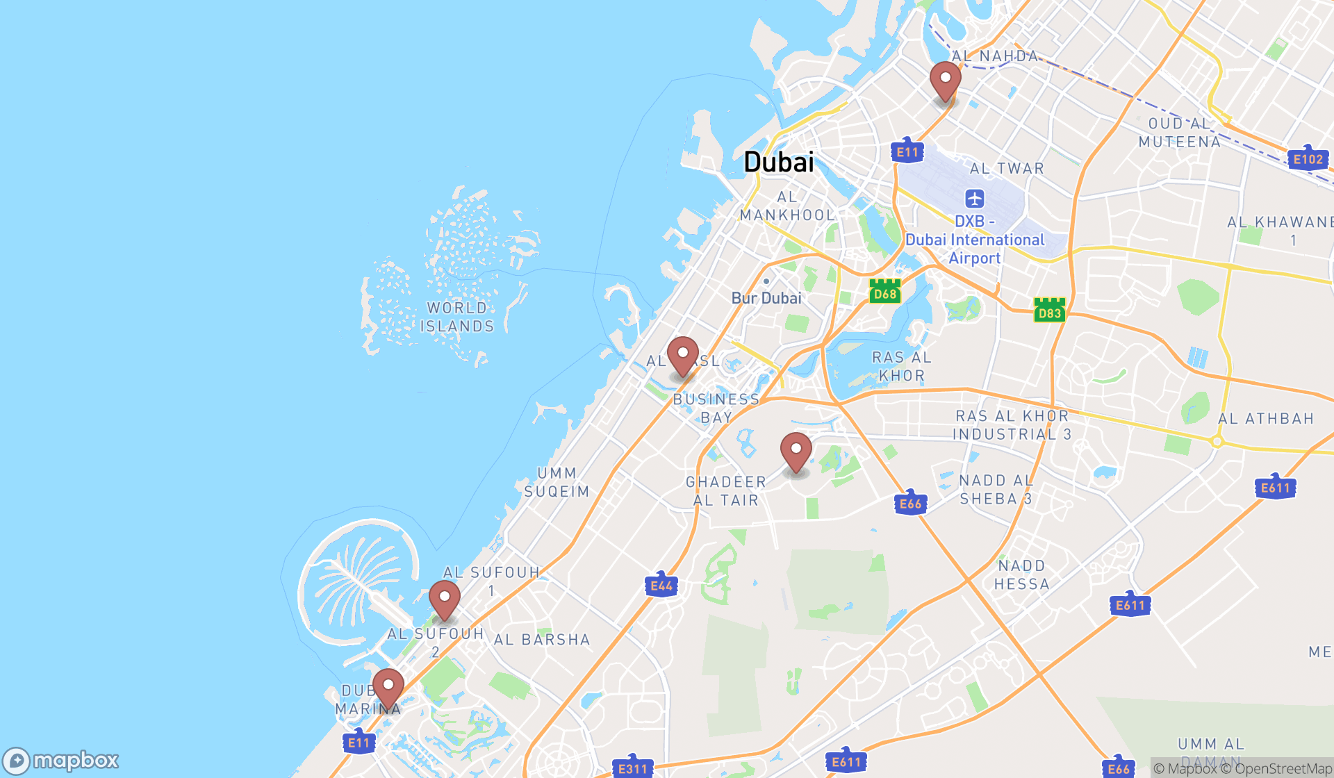 Map showing the search results in Dubai