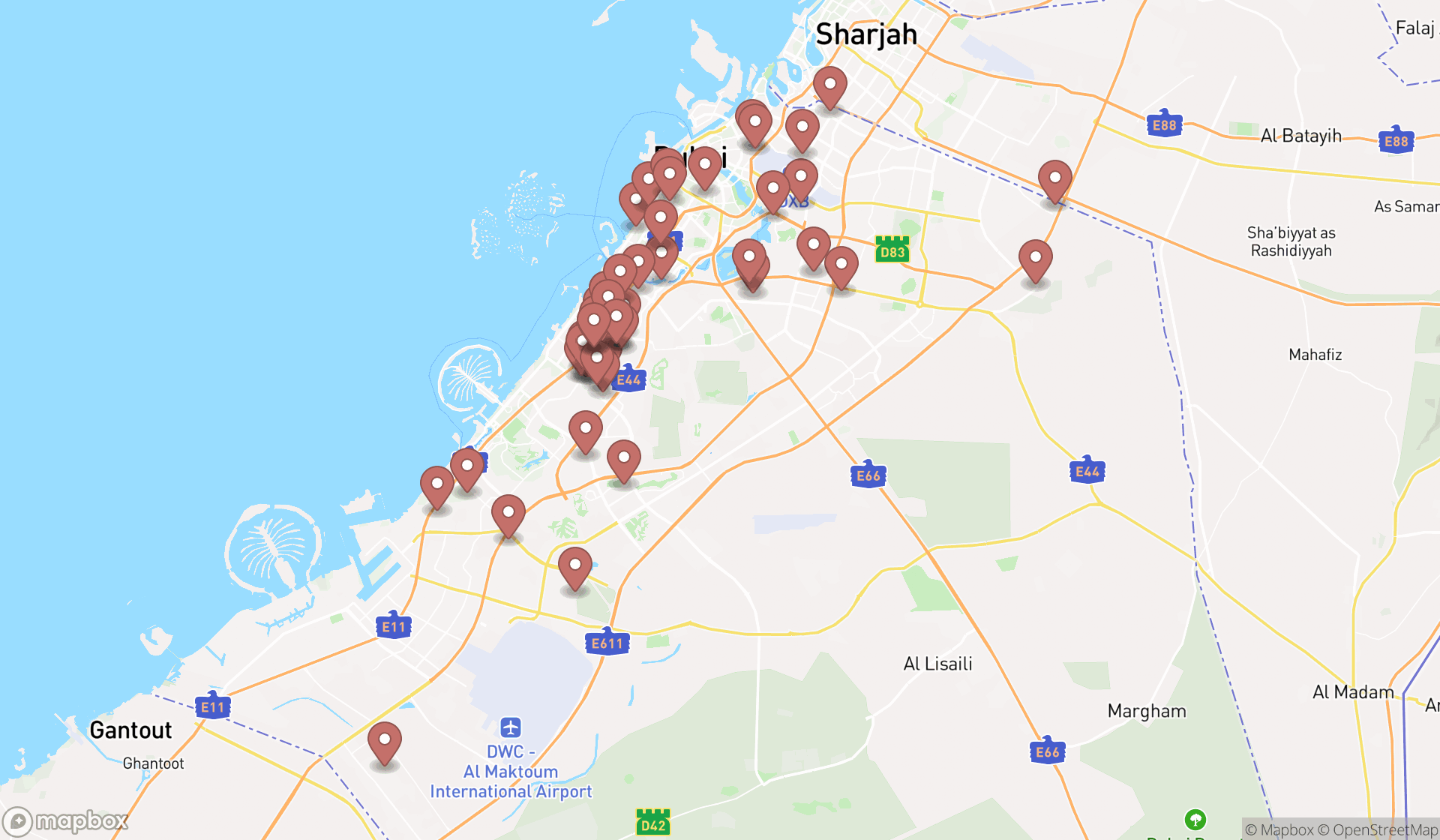 Map showing the search results in Dubai