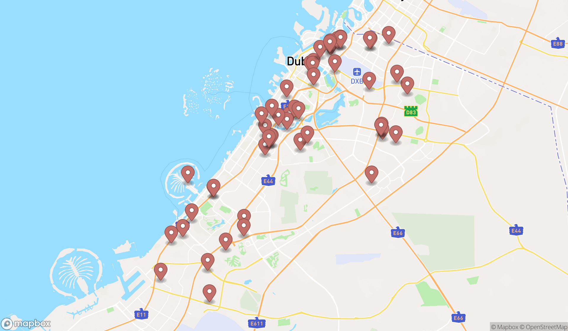 Map showing the search results in Dubai