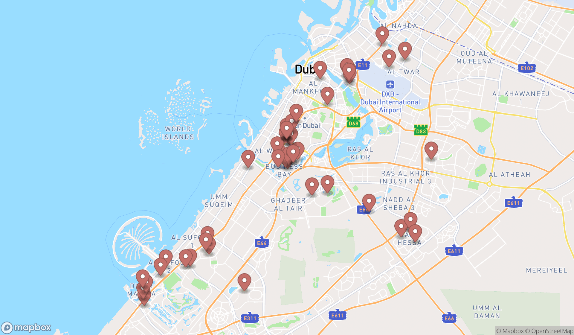 Map showing the search results in Dubai