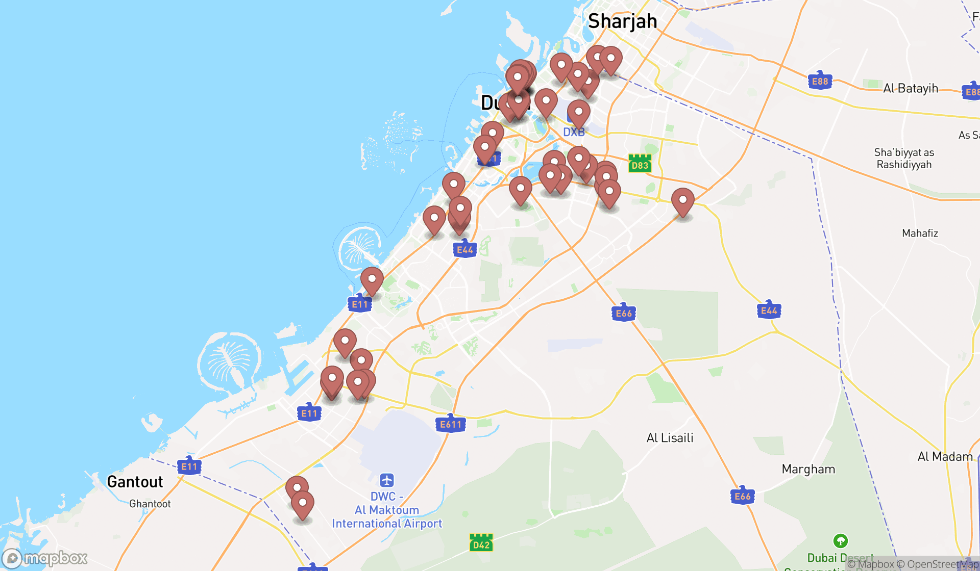 Map showing the search results in Dubai
