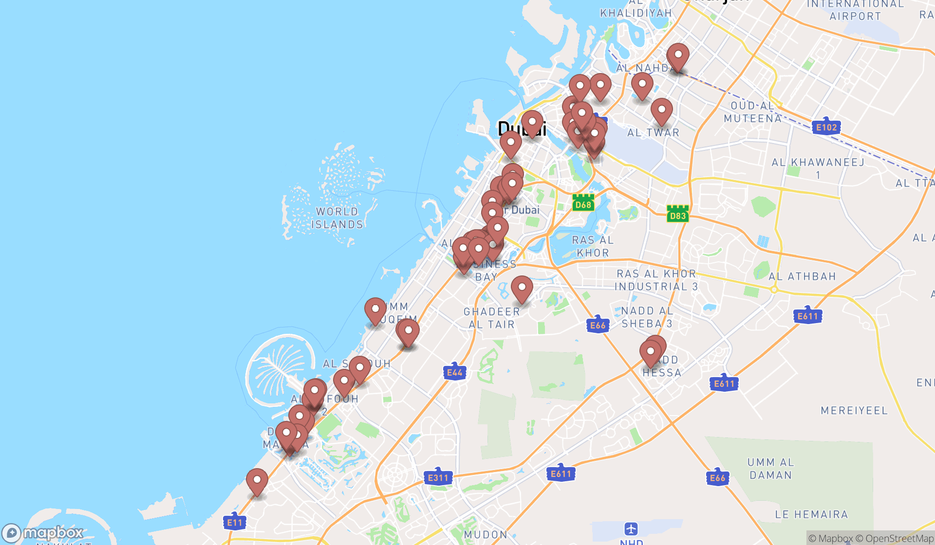 Map showing the search results in Dubai