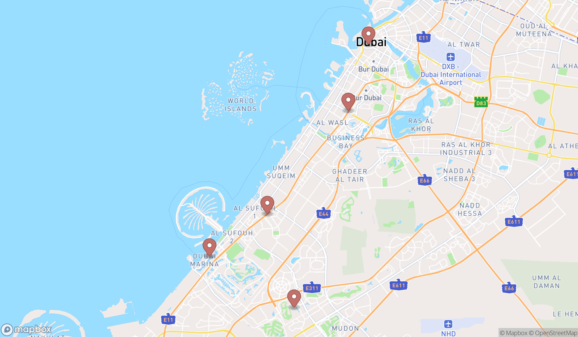 Map showing the search results in Dubai