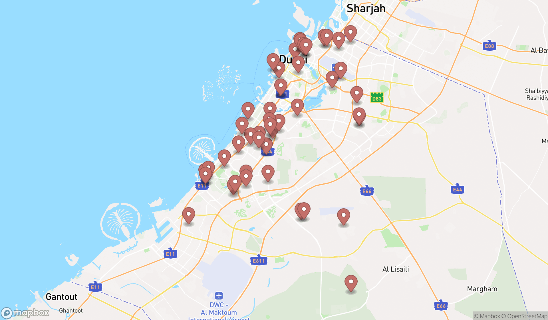 Map showing the search results in Dubai