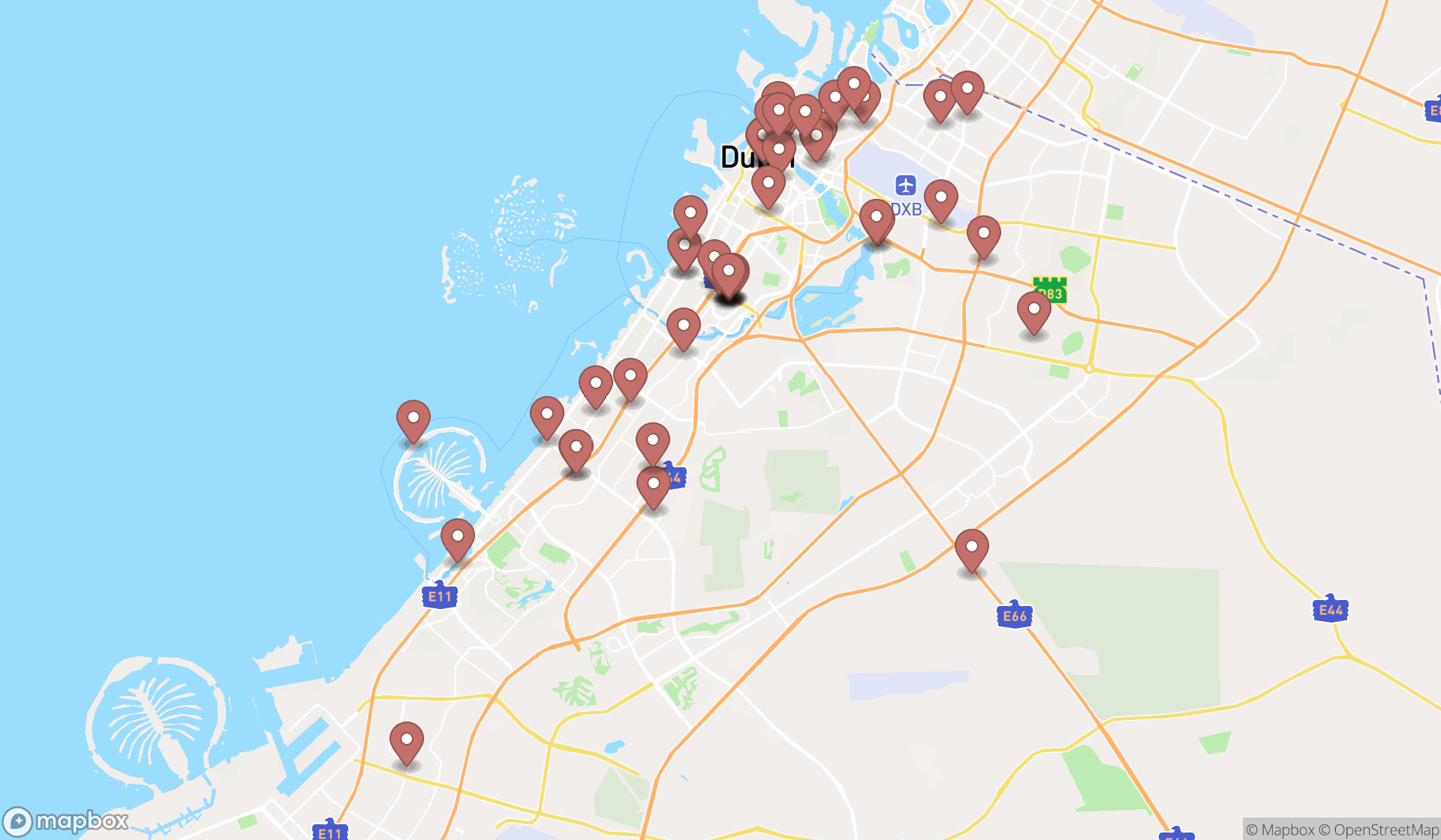 Map showing the search results in Dubai