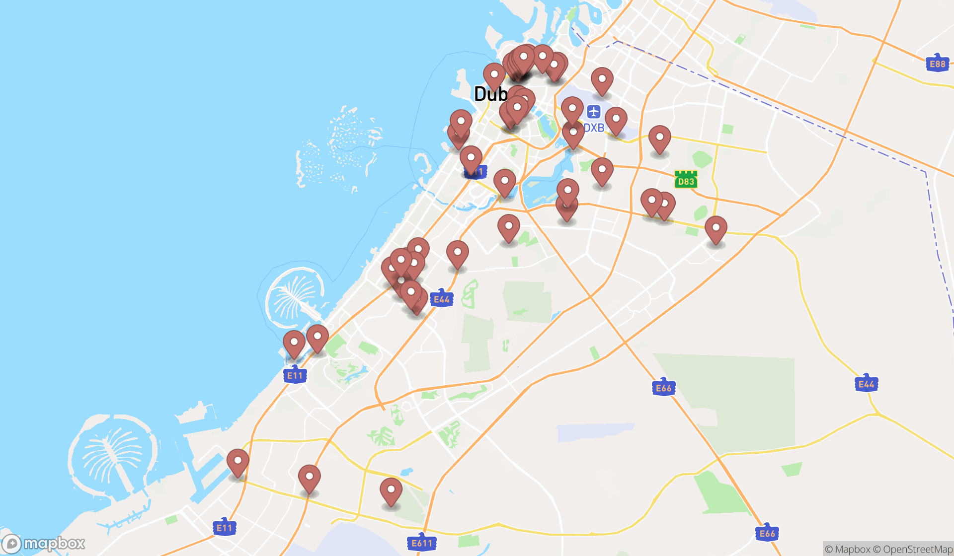 Map showing the search results in Dubai