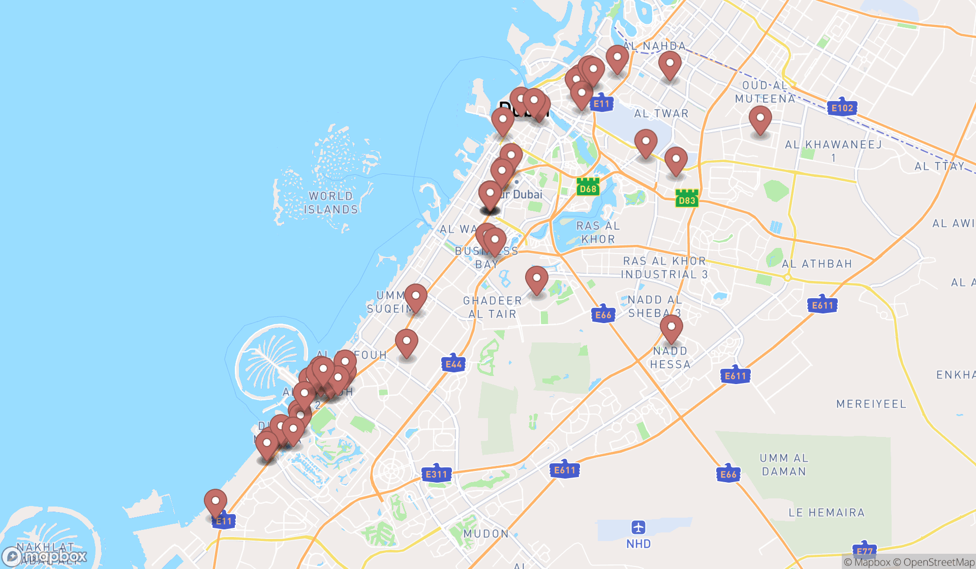 Map showing the search results in Dubai