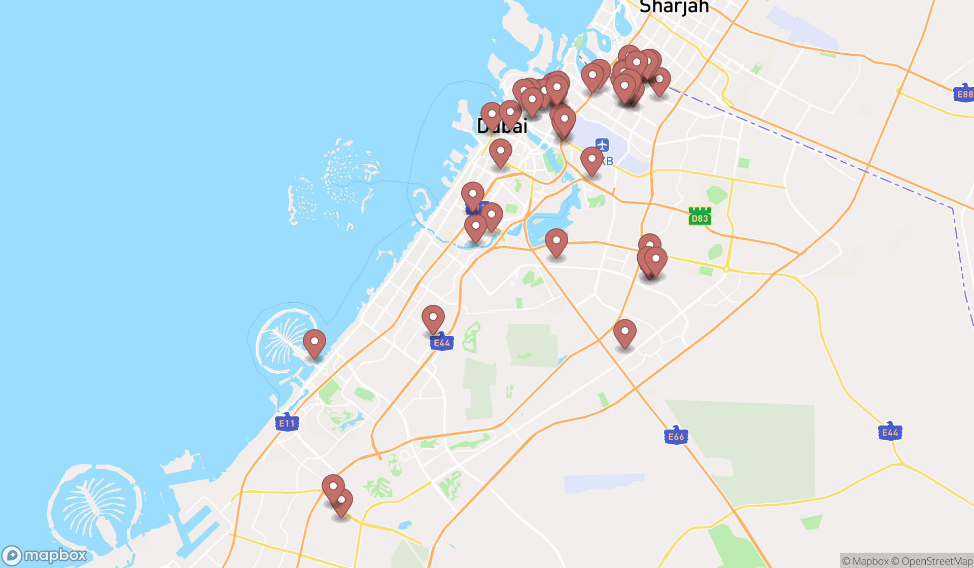 Map showing the search results in Dubai