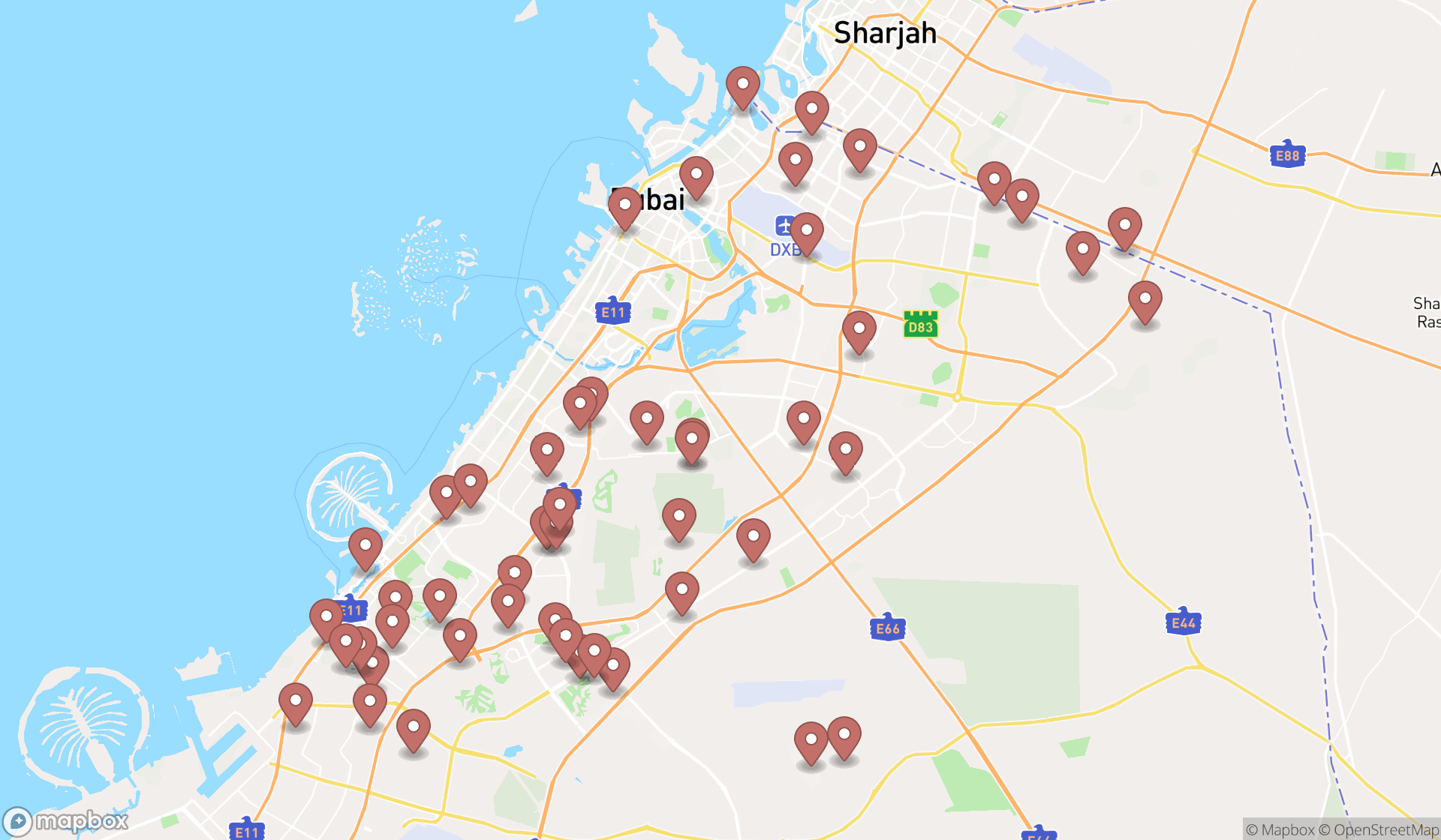 Map showing the search results in Dubai