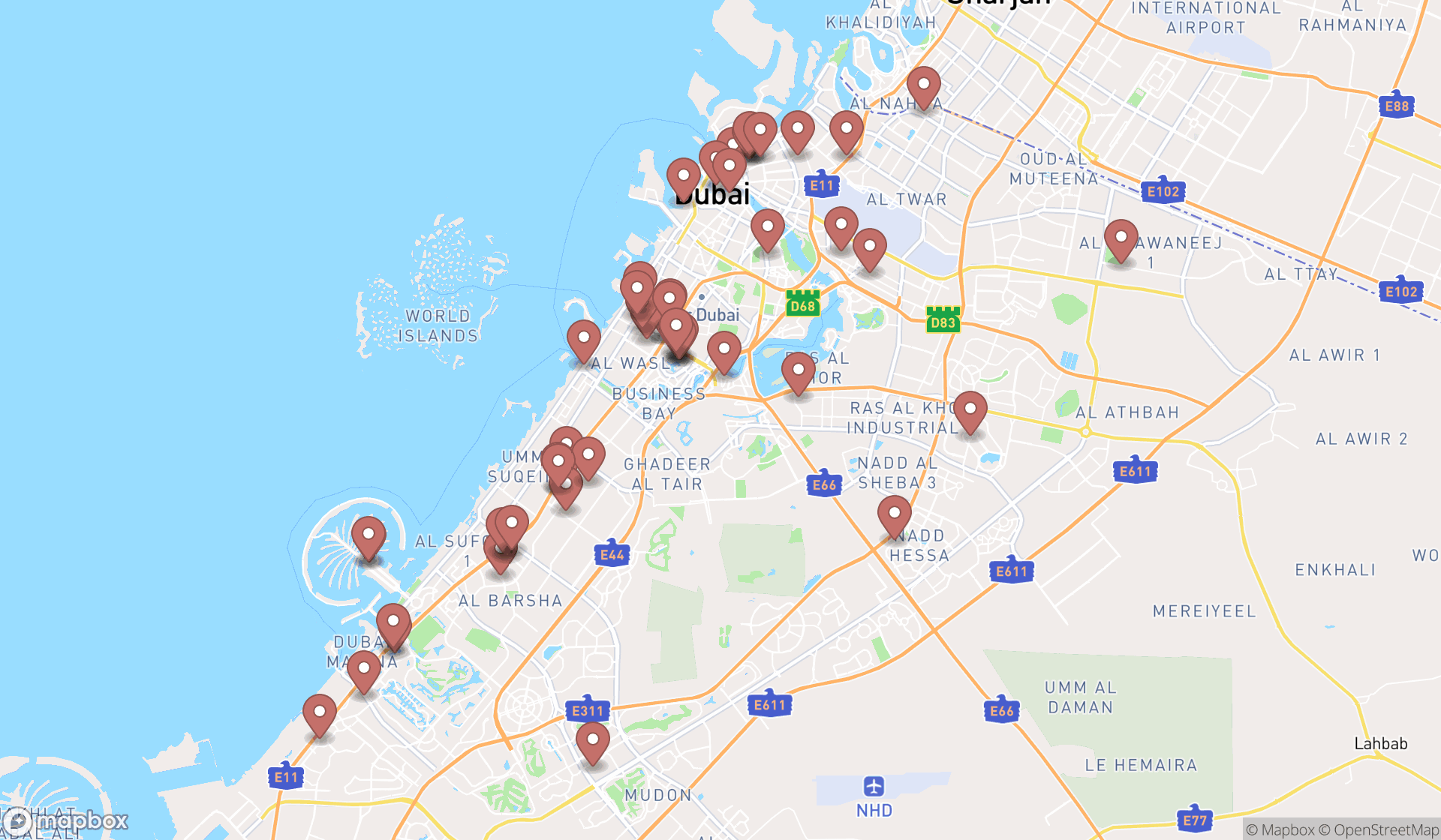 Map showing the search results in Dubai