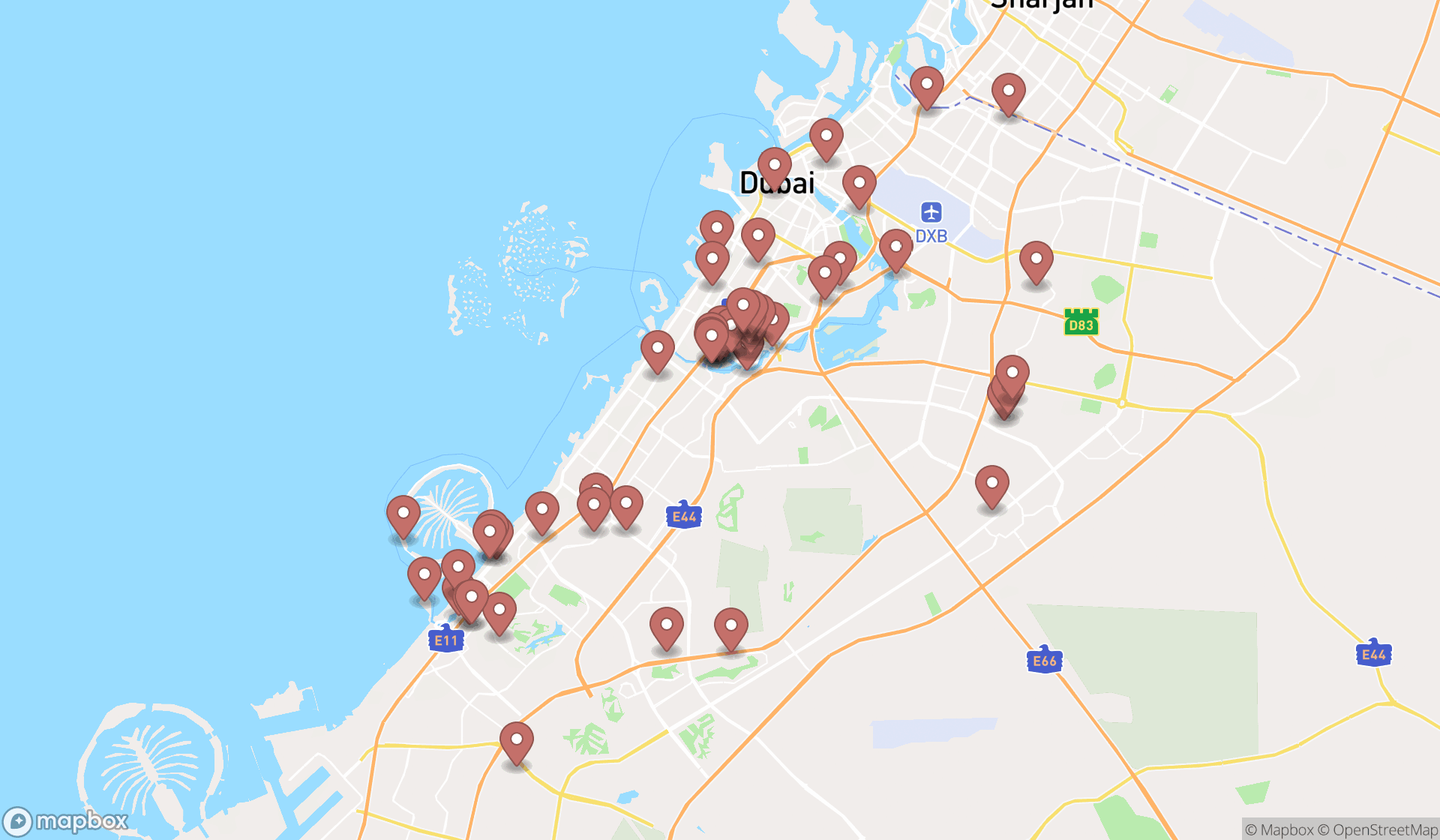 Map showing the search results in Dubai