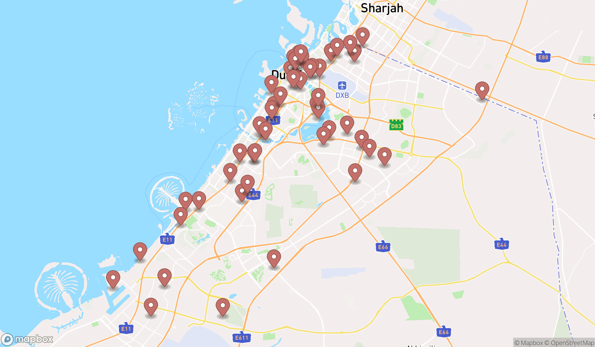 Map showing the search results in Dubai
