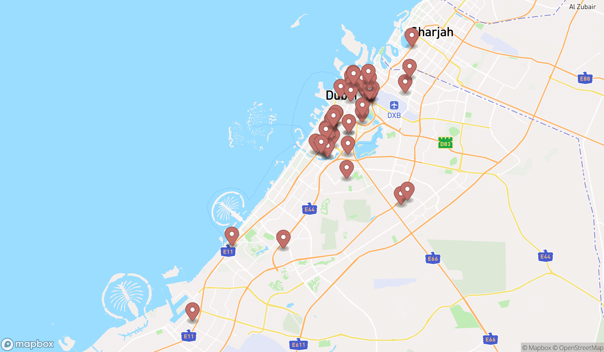 Map showing the search results in Dubai