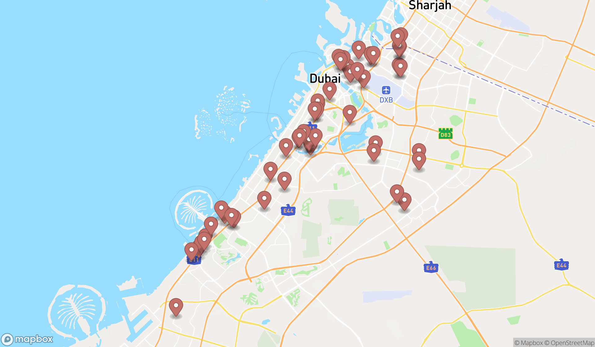 Map showing the search results in Dubai