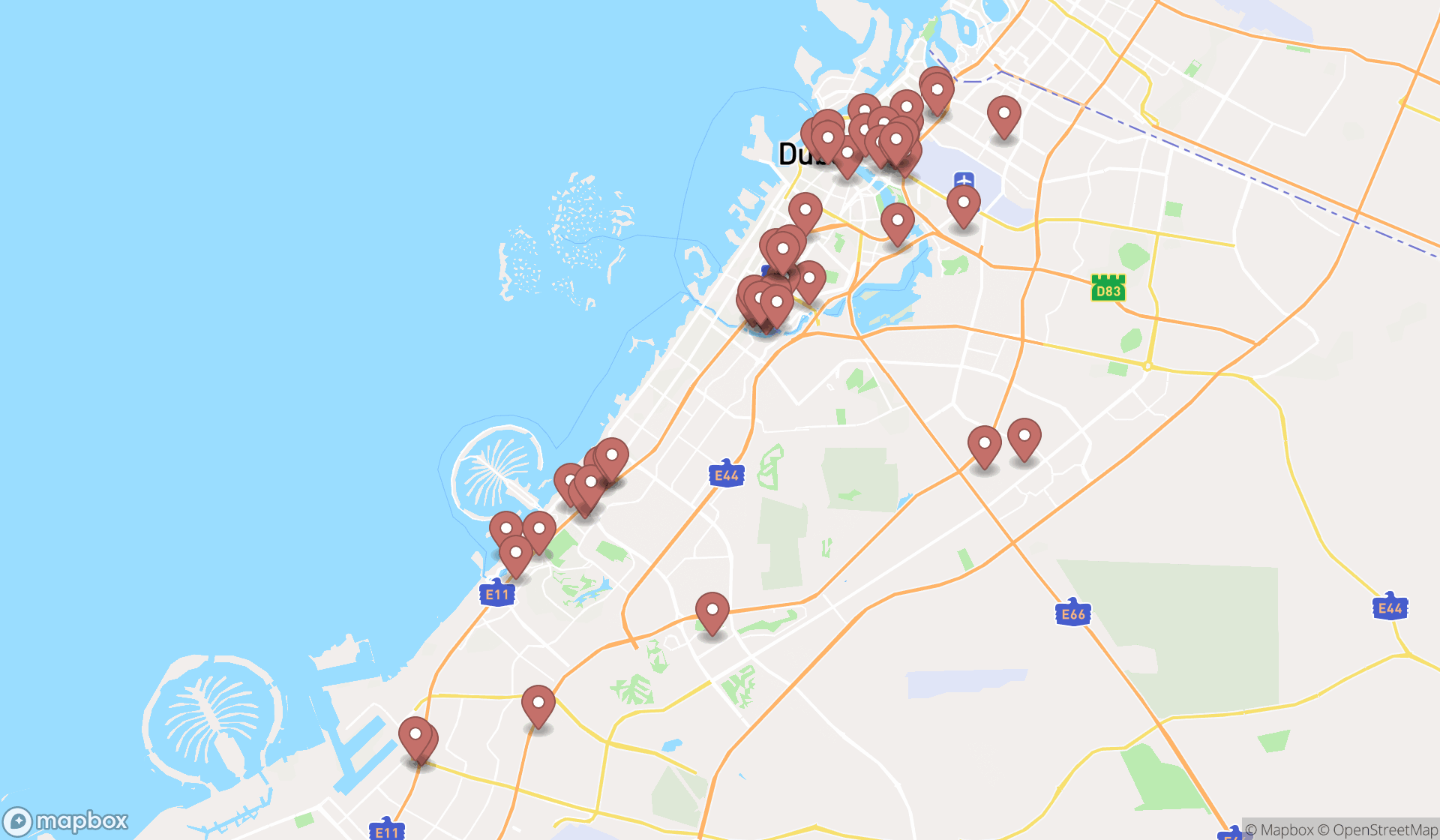 Map showing the search results in Dubai