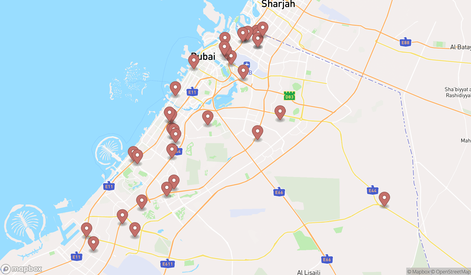 Map showing the search results in Dubai