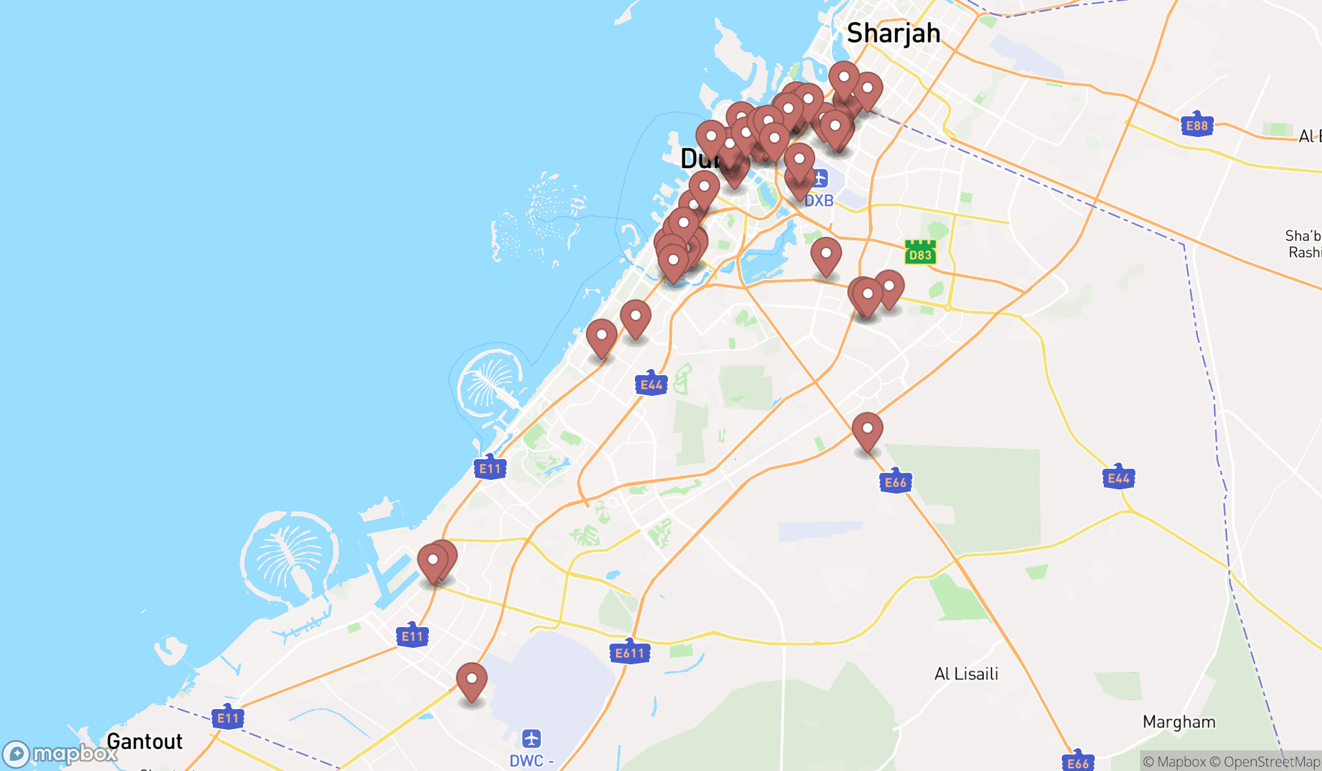 Map showing the search results in Dubai