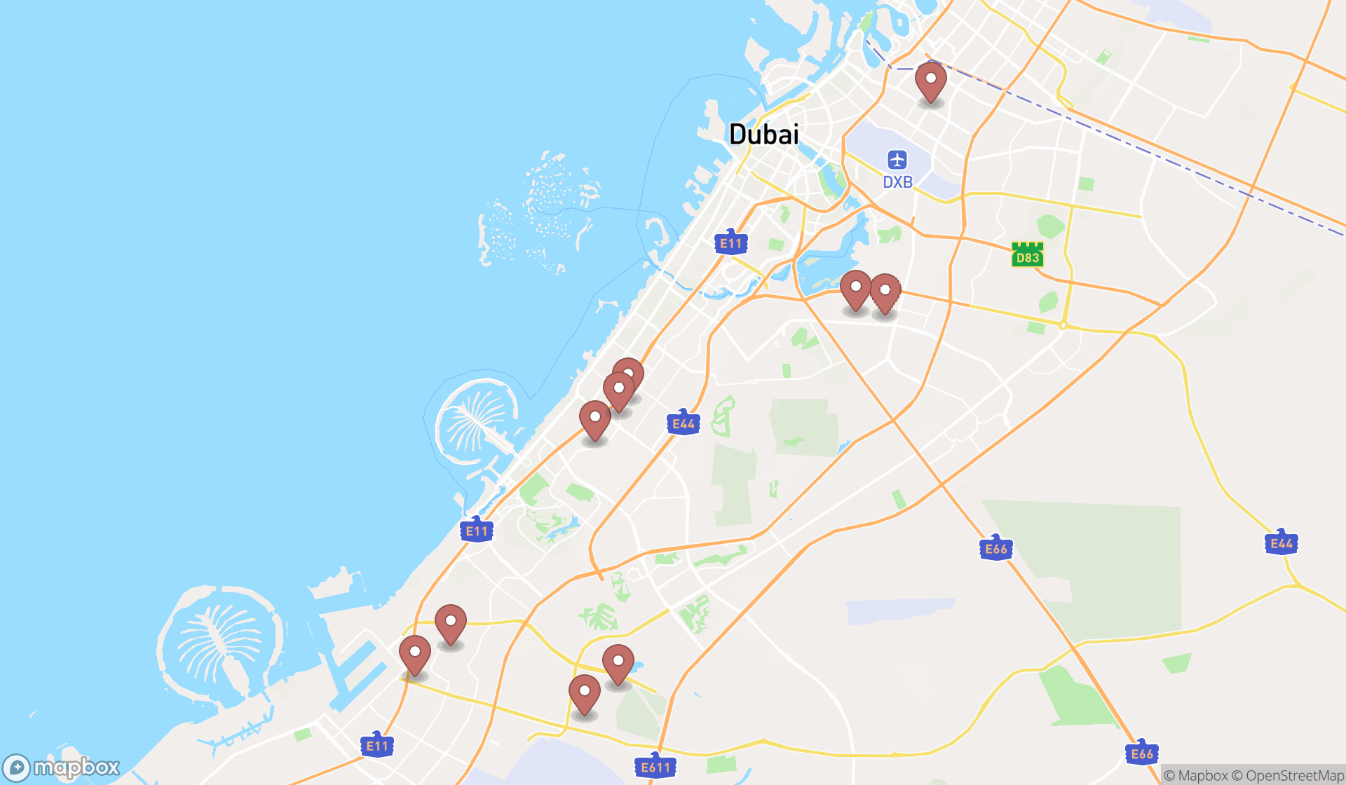 Map showing the search results in Dubai
