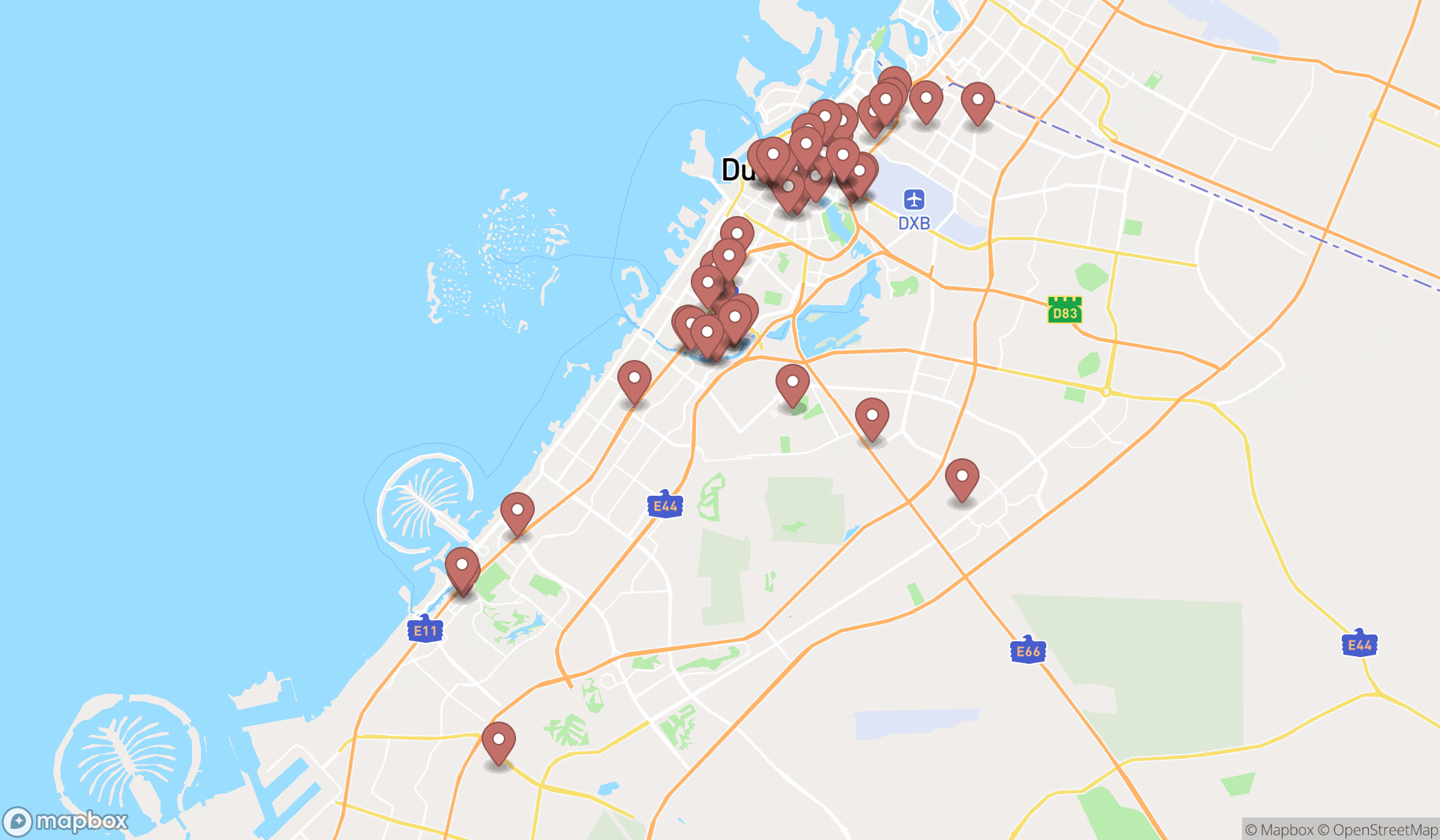 Map showing the search results in Dubai