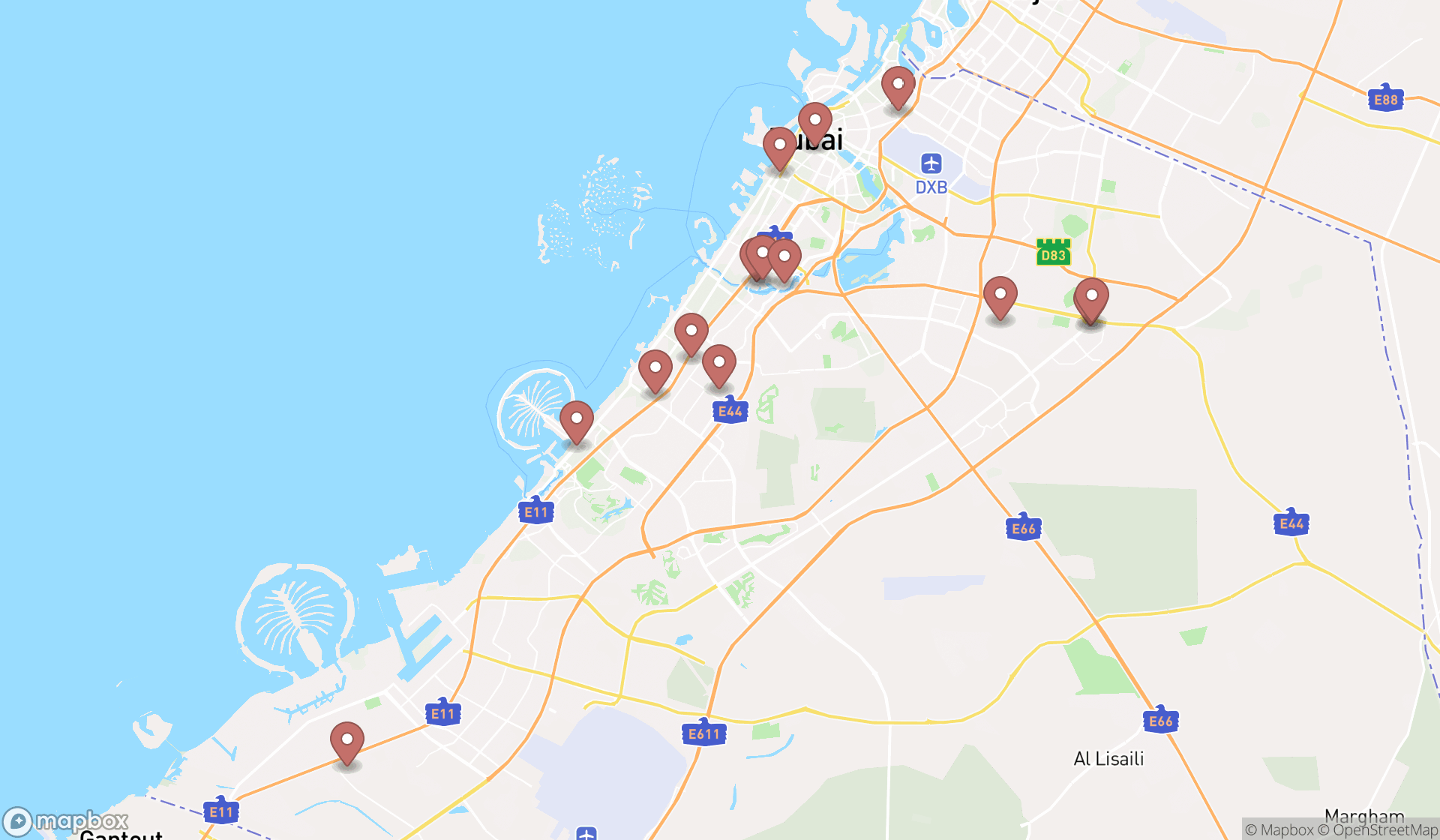 Map showing the search results in Dubai