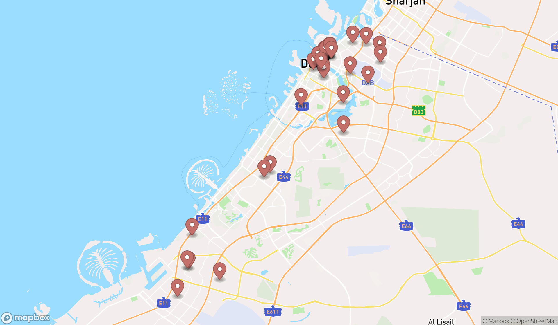 Map showing the search results in Dubai