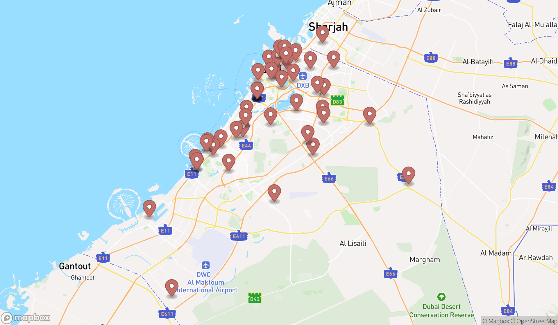 Map showing the search results in Dubai