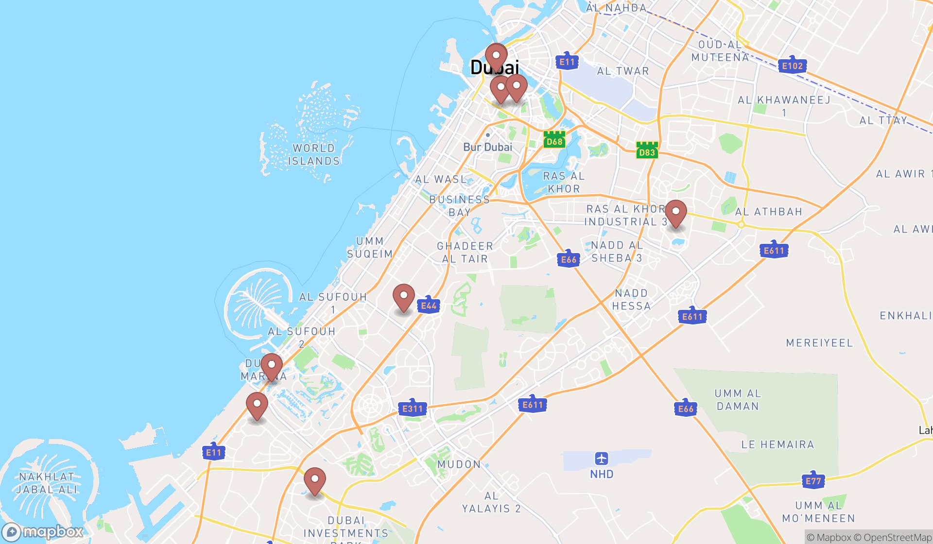 Map showing the search results in Dubai