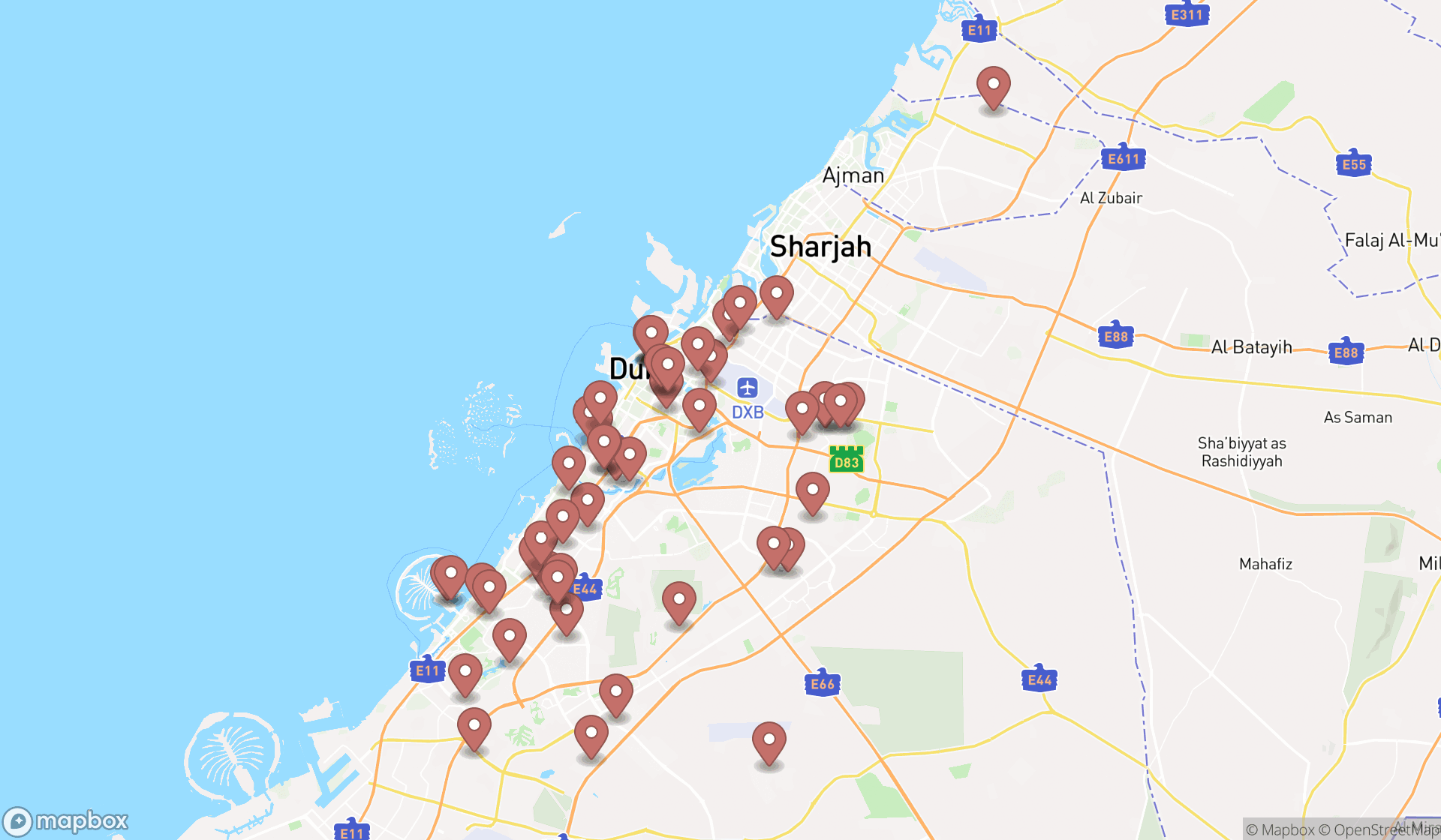 Map showing the search results in Dubai
