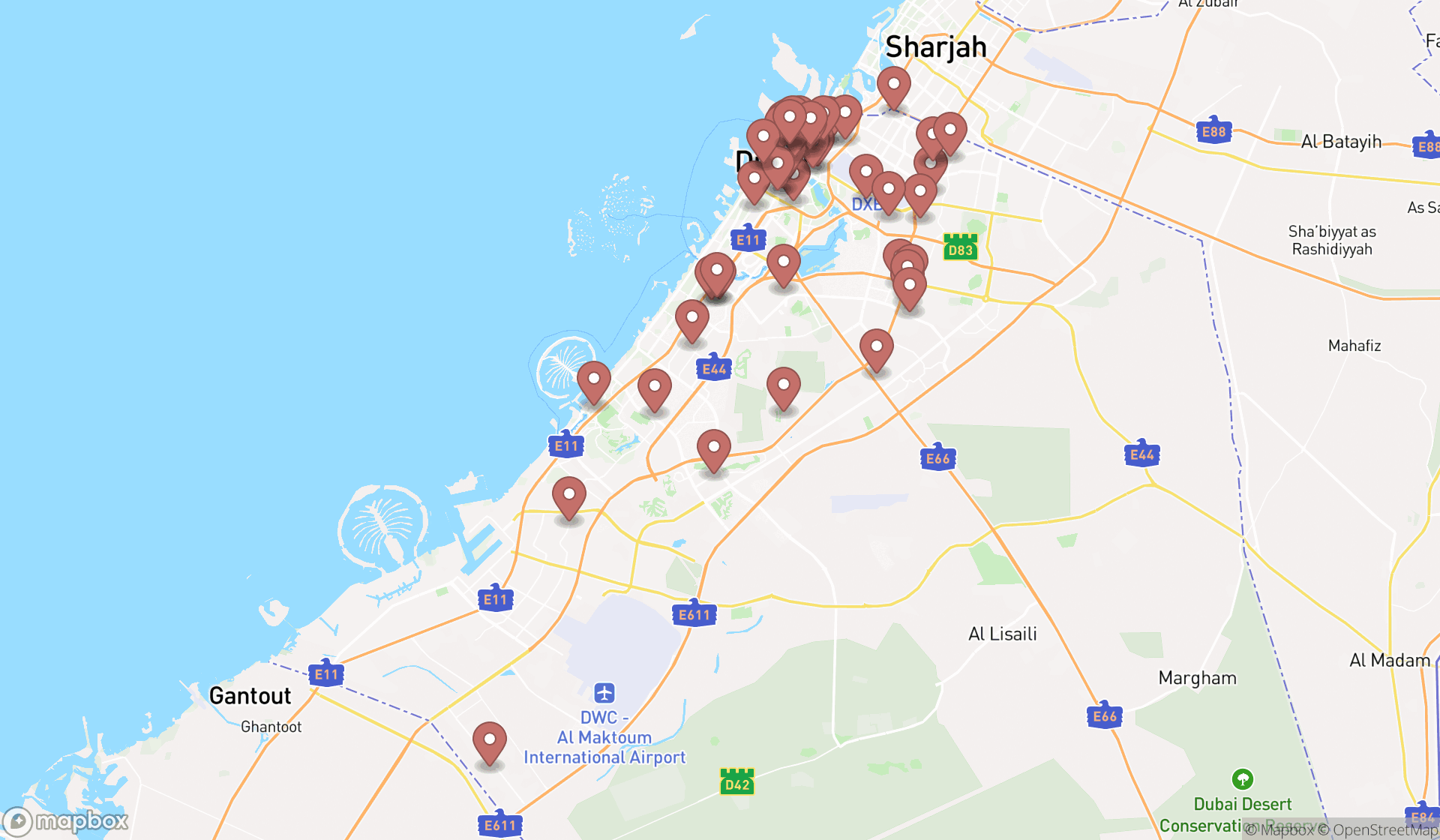 Map showing the search results in Dubai