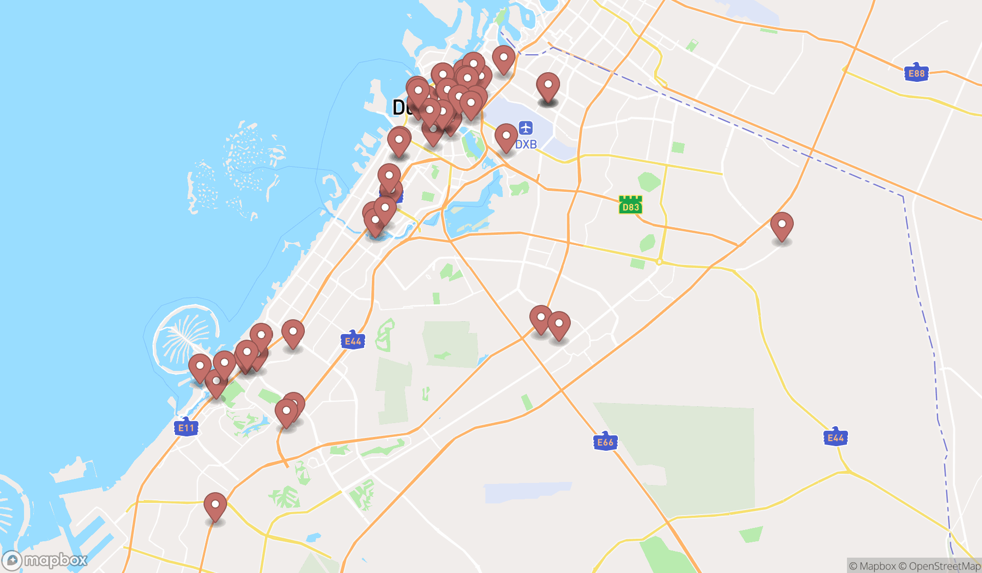 Map showing the search results in Dubai