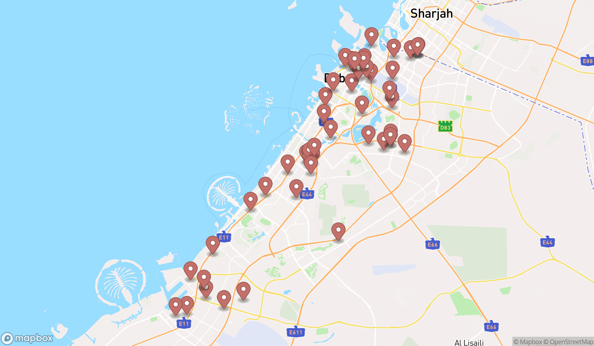 Map showing the search results in Dubai