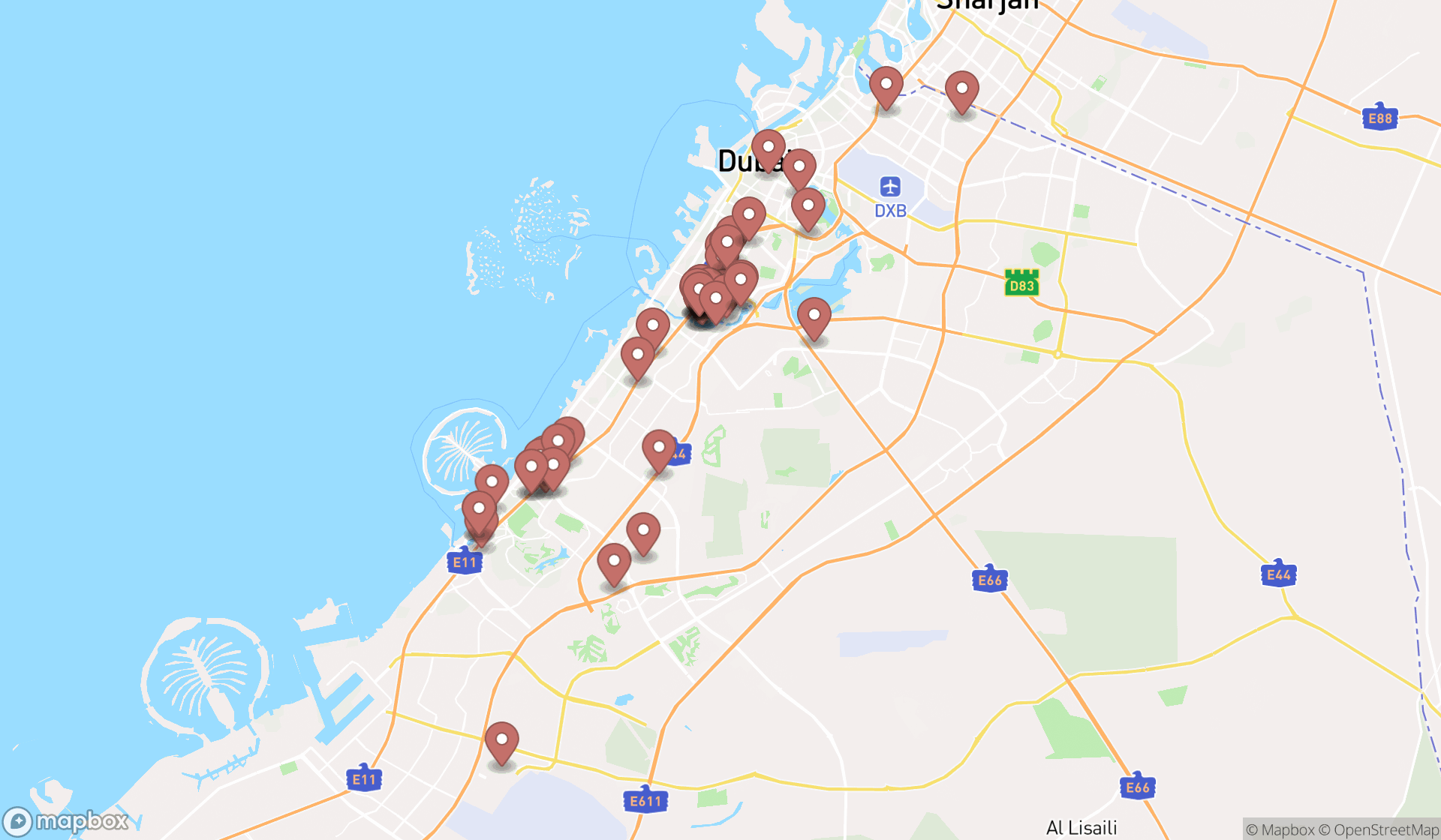 Map showing the search results in Dubai