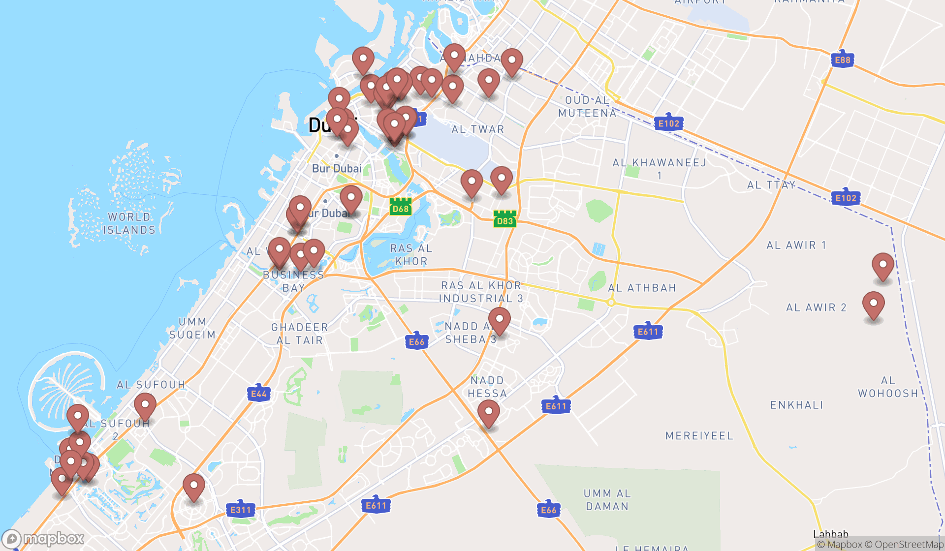 Map showing the search results in Dubai