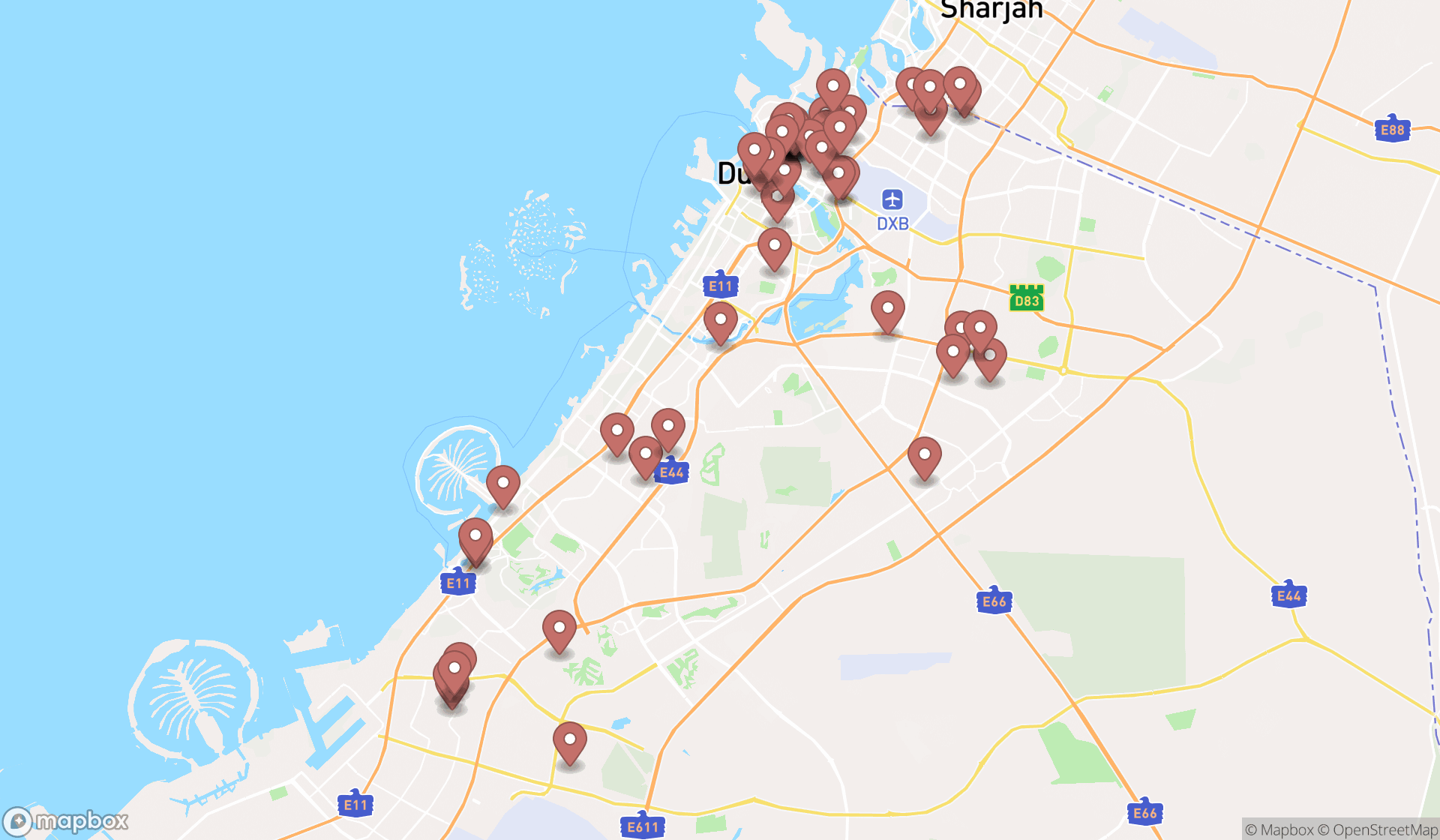 Map showing the search results in Dubai