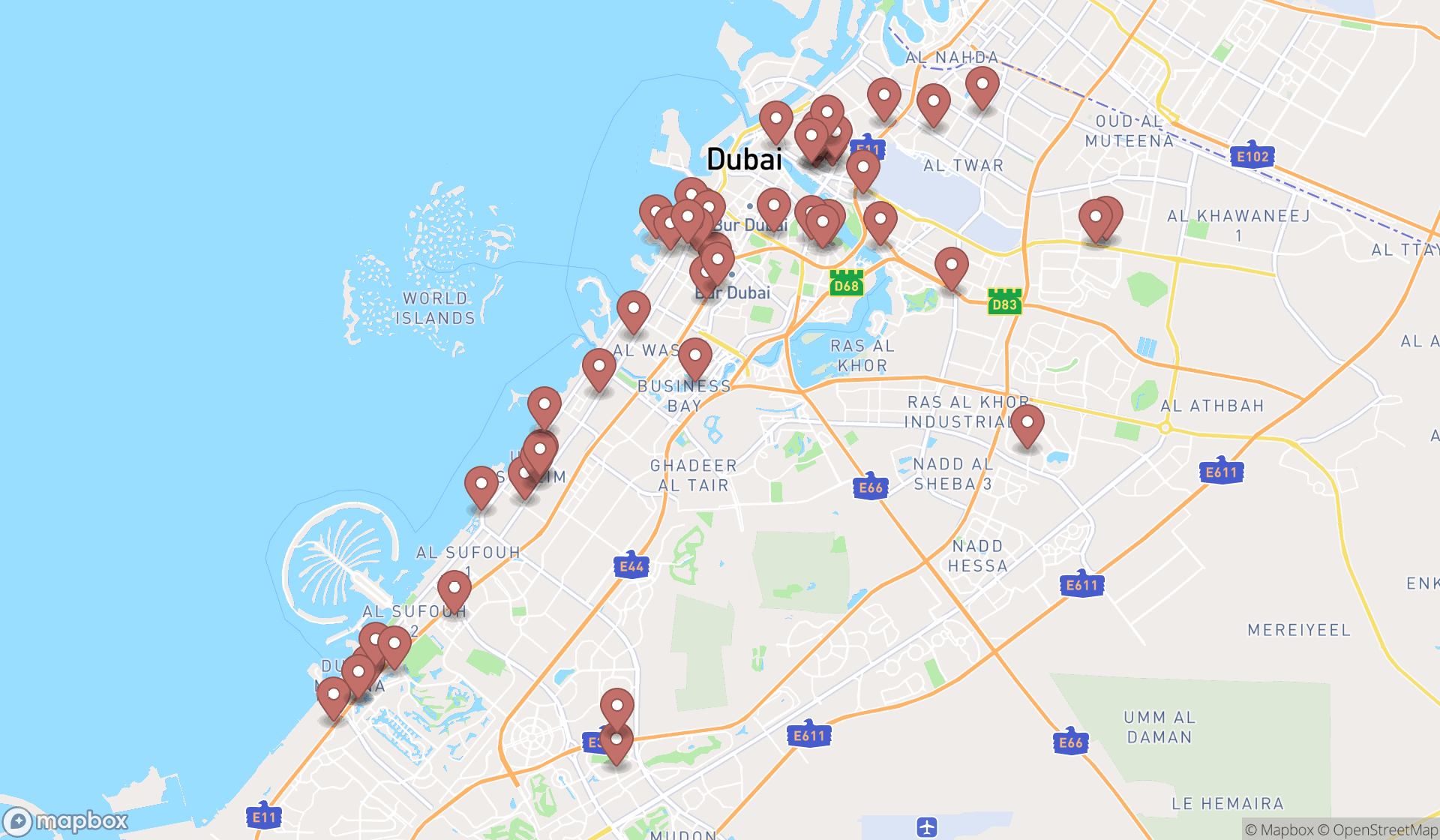 Map showing the search results in Dubai