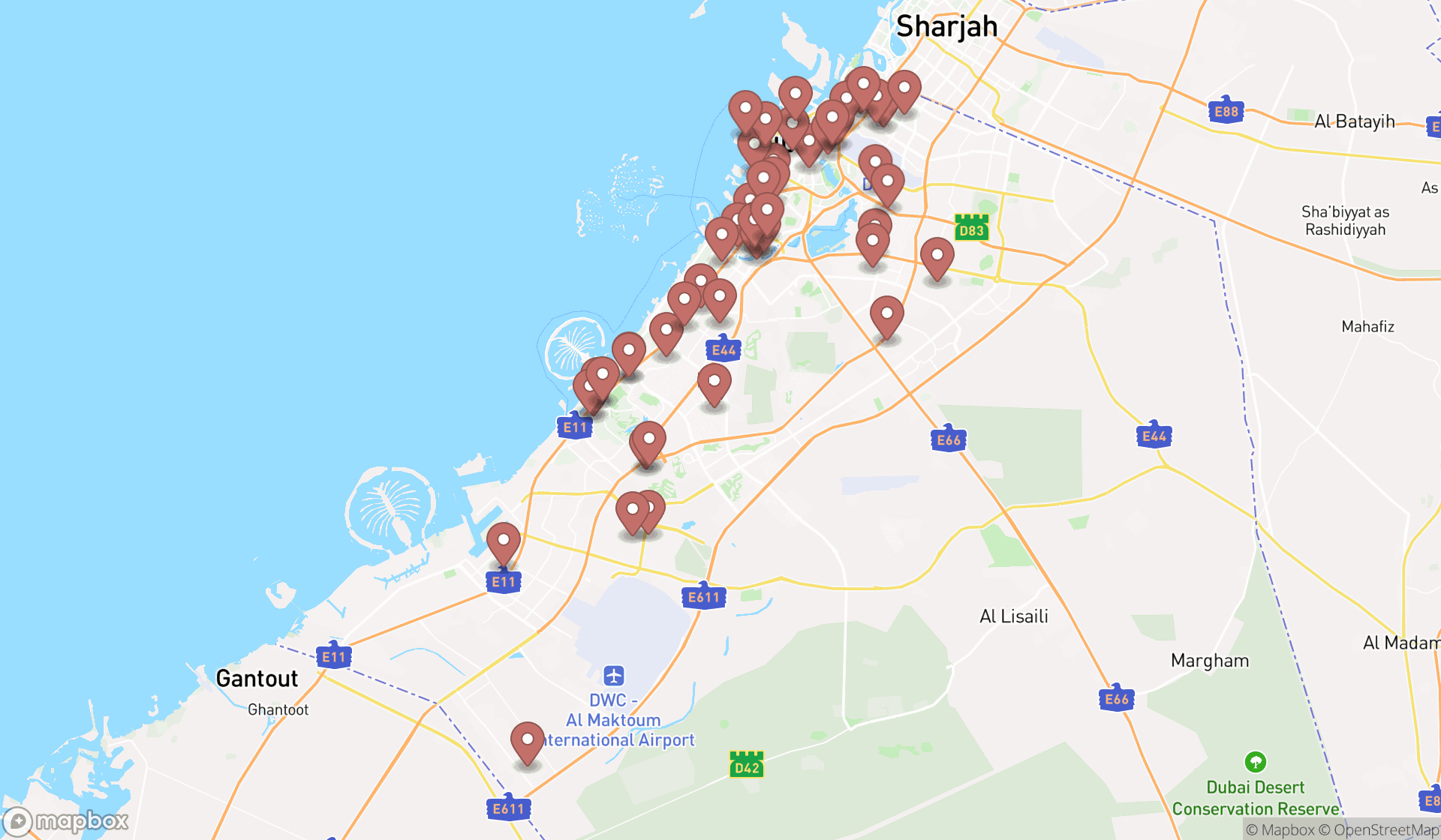 Map showing the search results in Dubai