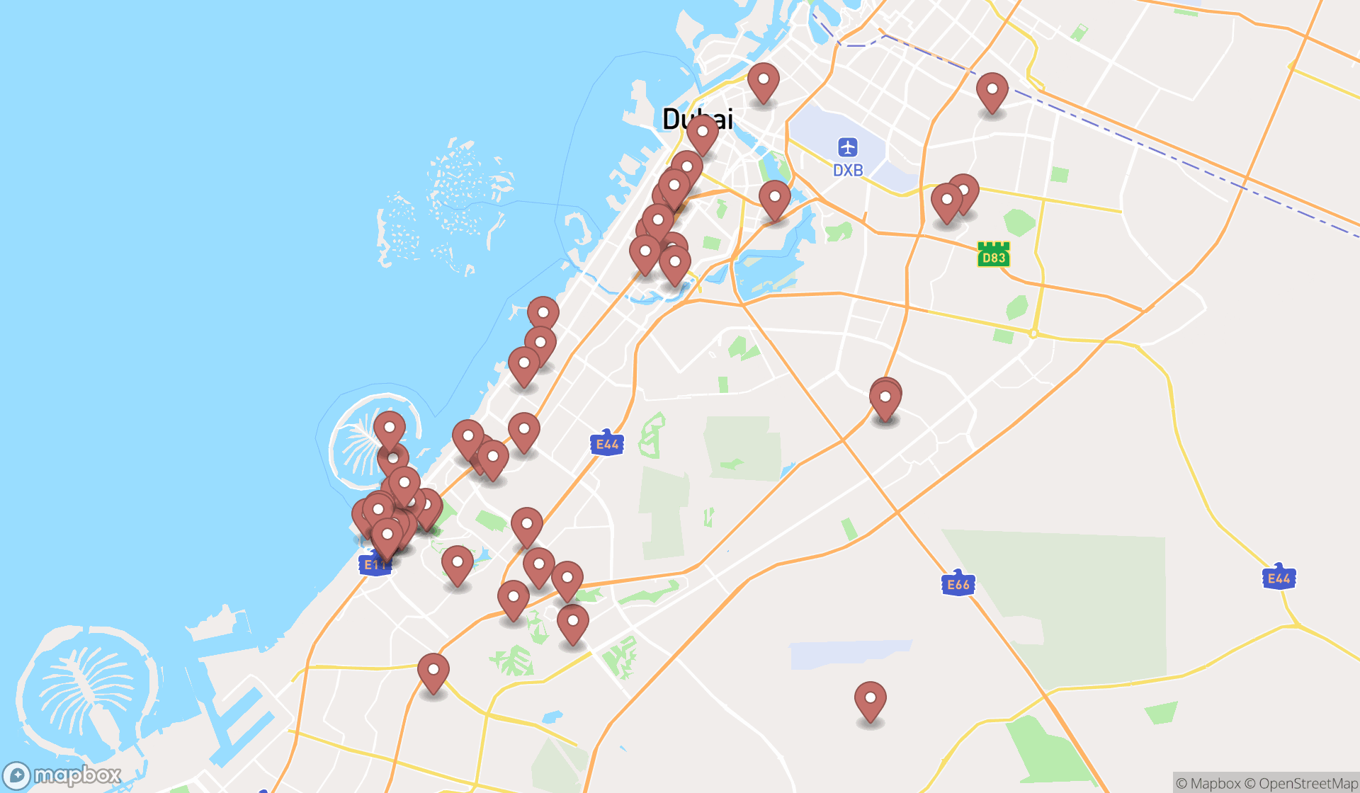 Map showing the search results in Dubai