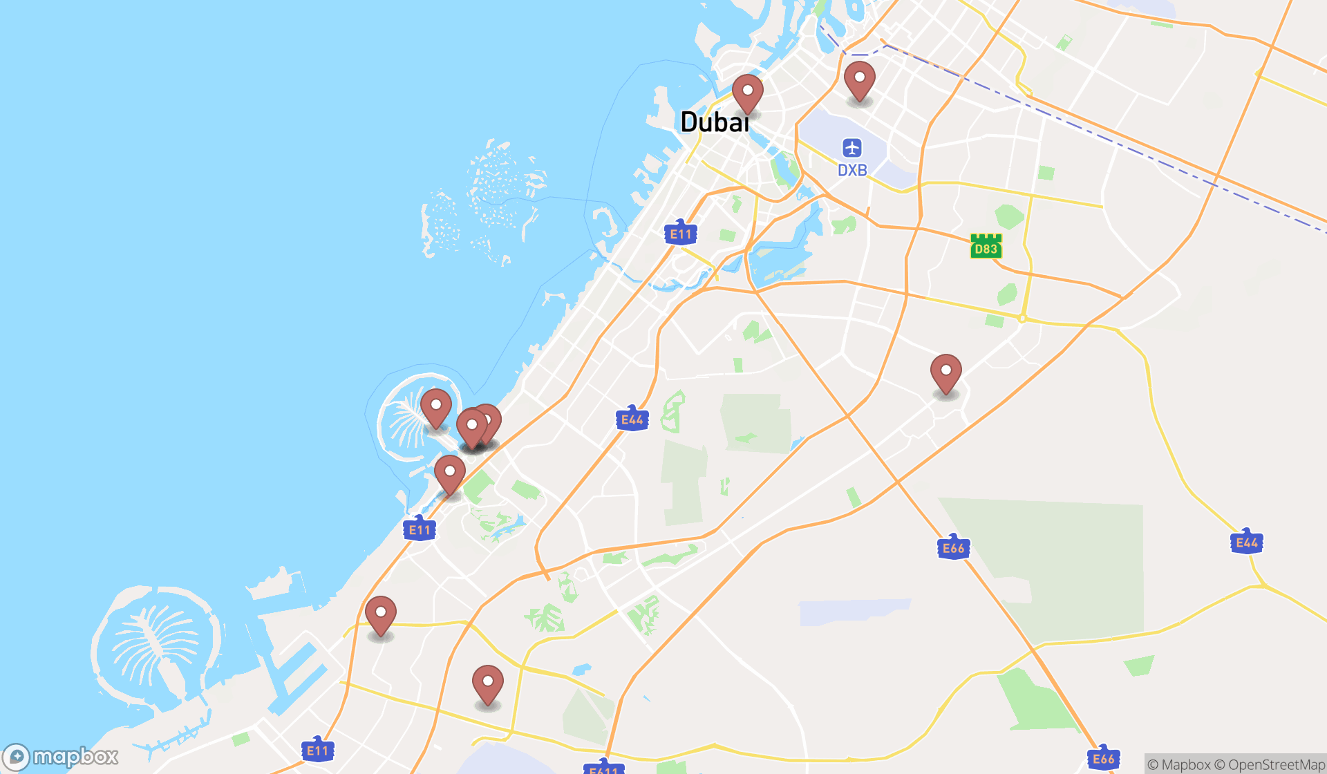 Map showing the search results in Dubai
