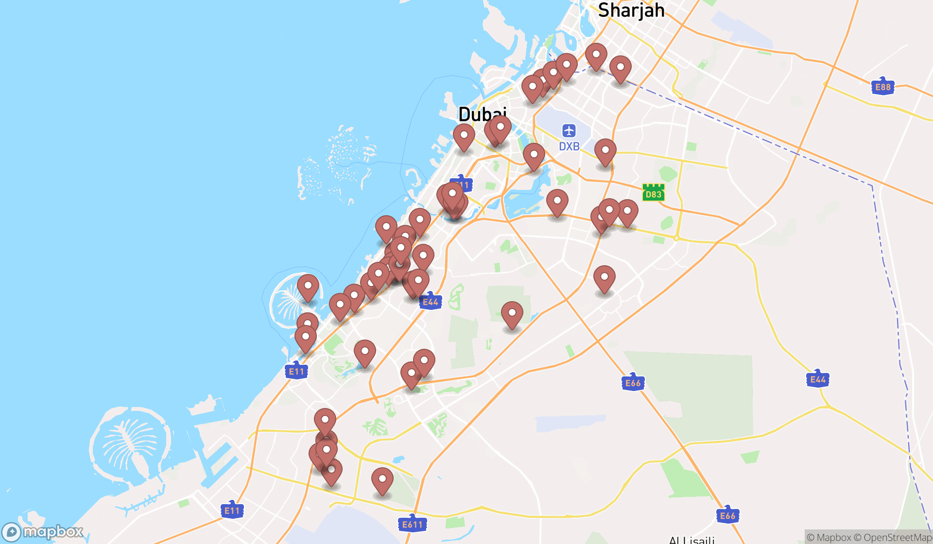 Map showing the search results in Dubai