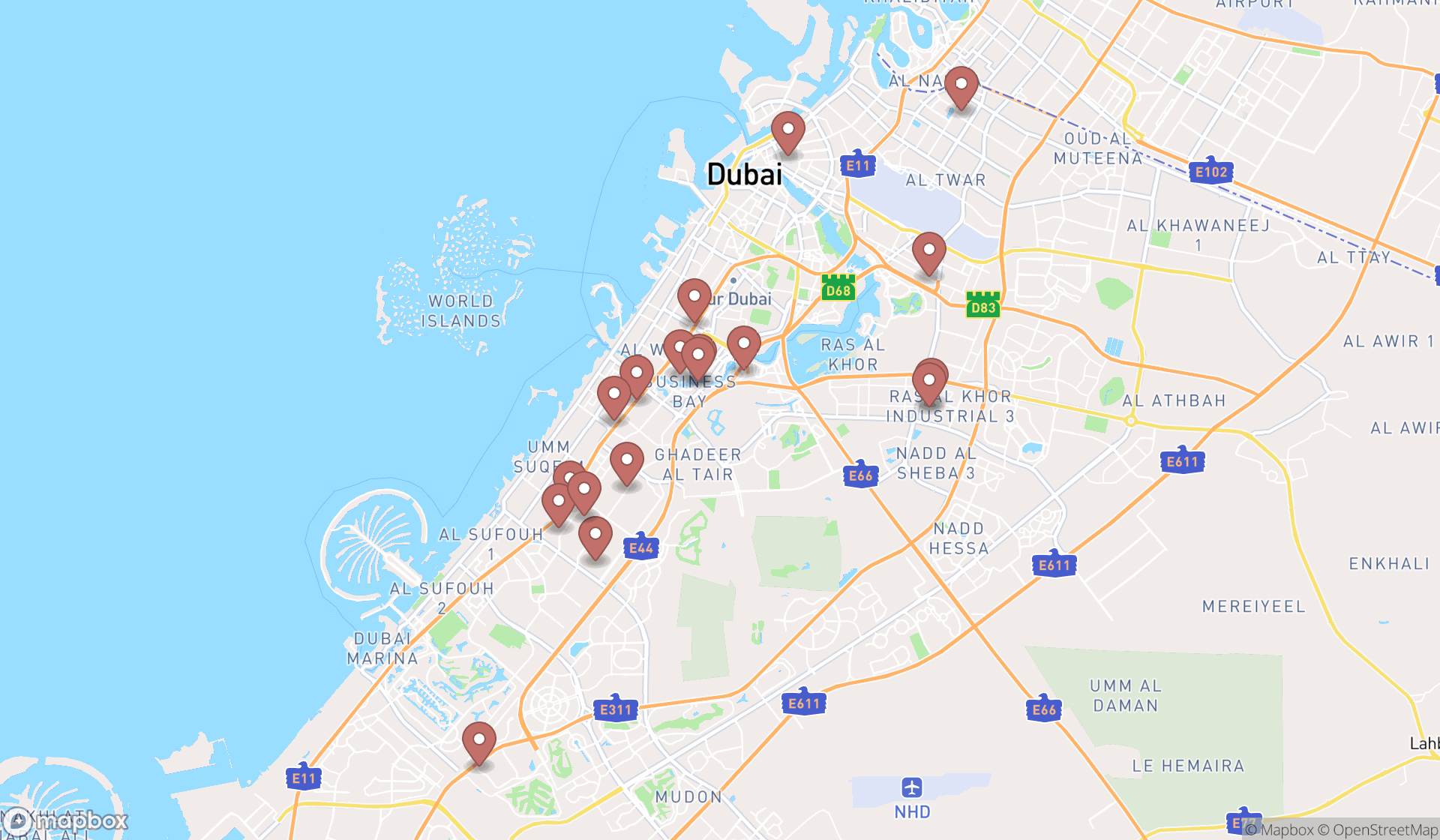 Map showing the search results in Dubai
