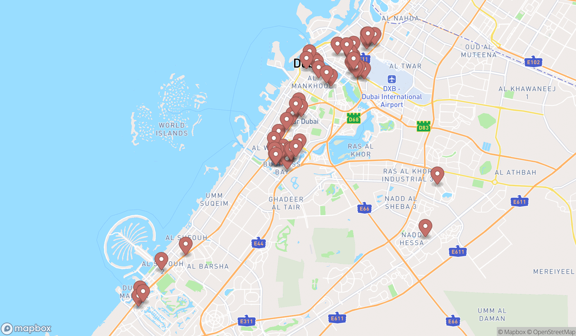 Map showing the search results in Dubai