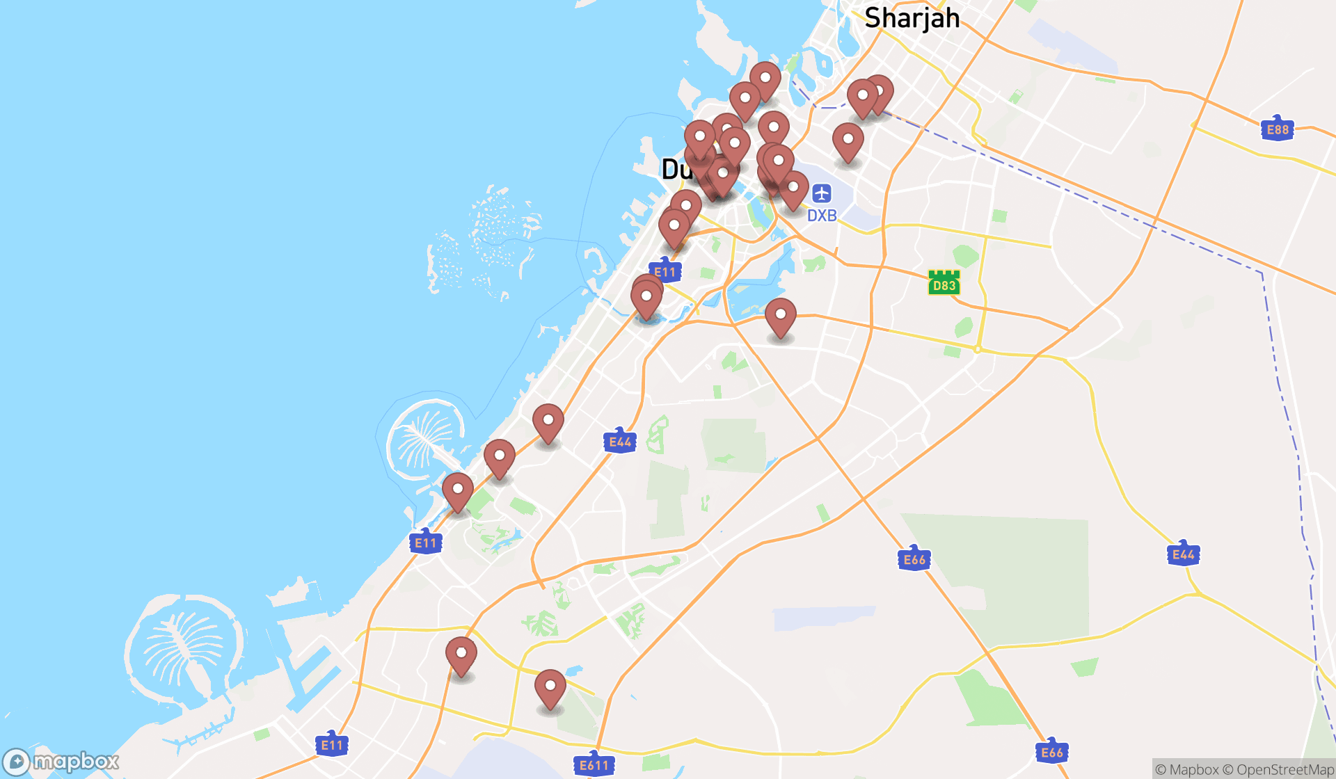 Map showing the search results in Dubai
