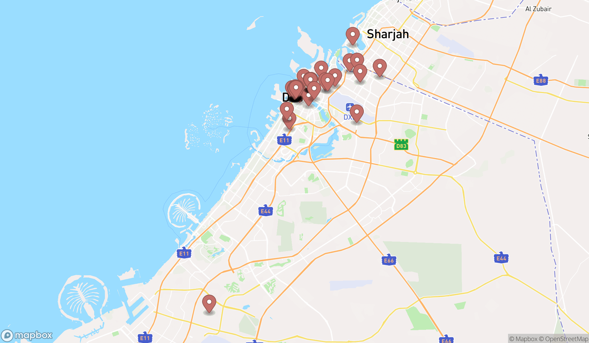 Map showing the search results in Dubai